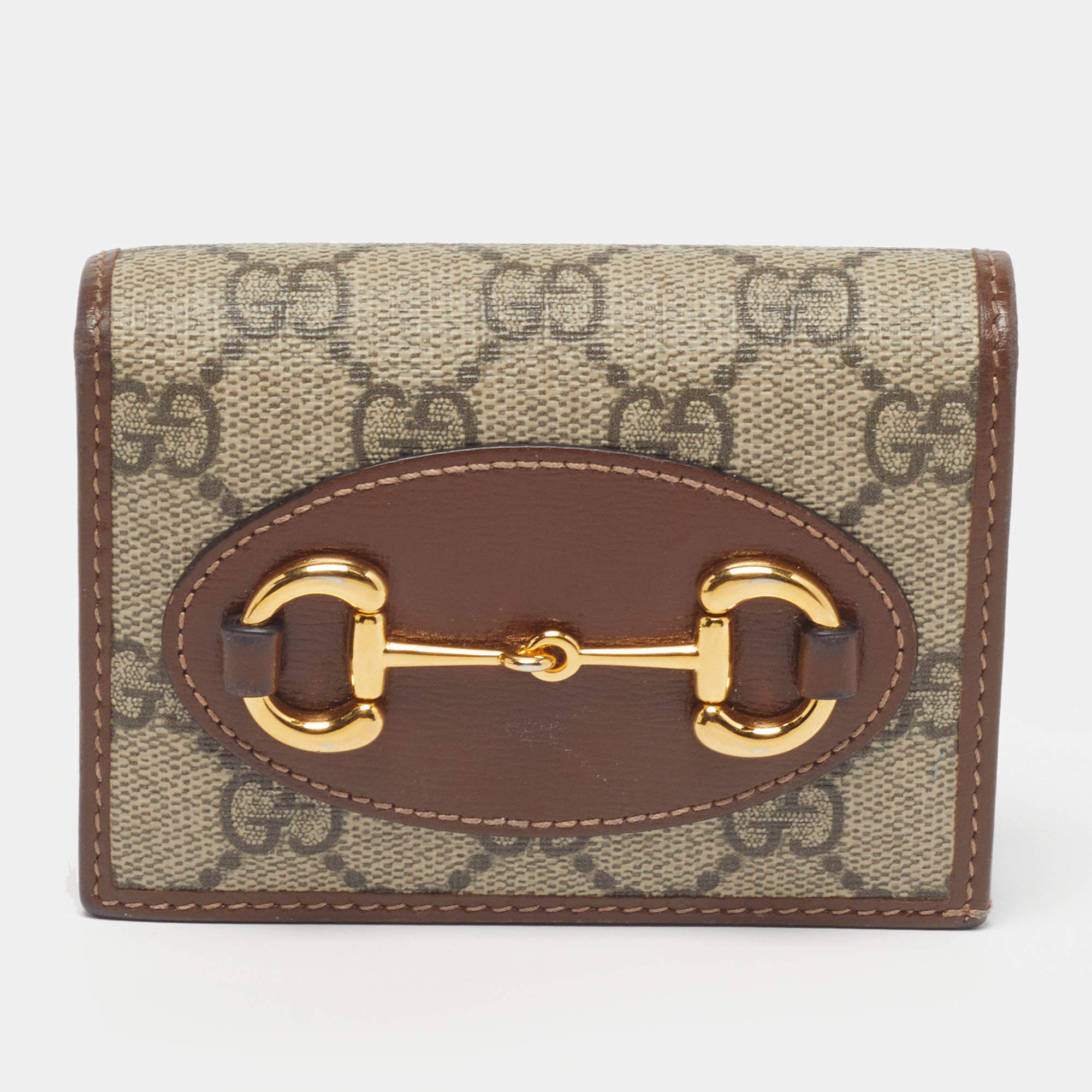Pre Owned Gucci Horsebit 1955 Beige/Brown GG Supreme Canvas and Leather Card Case