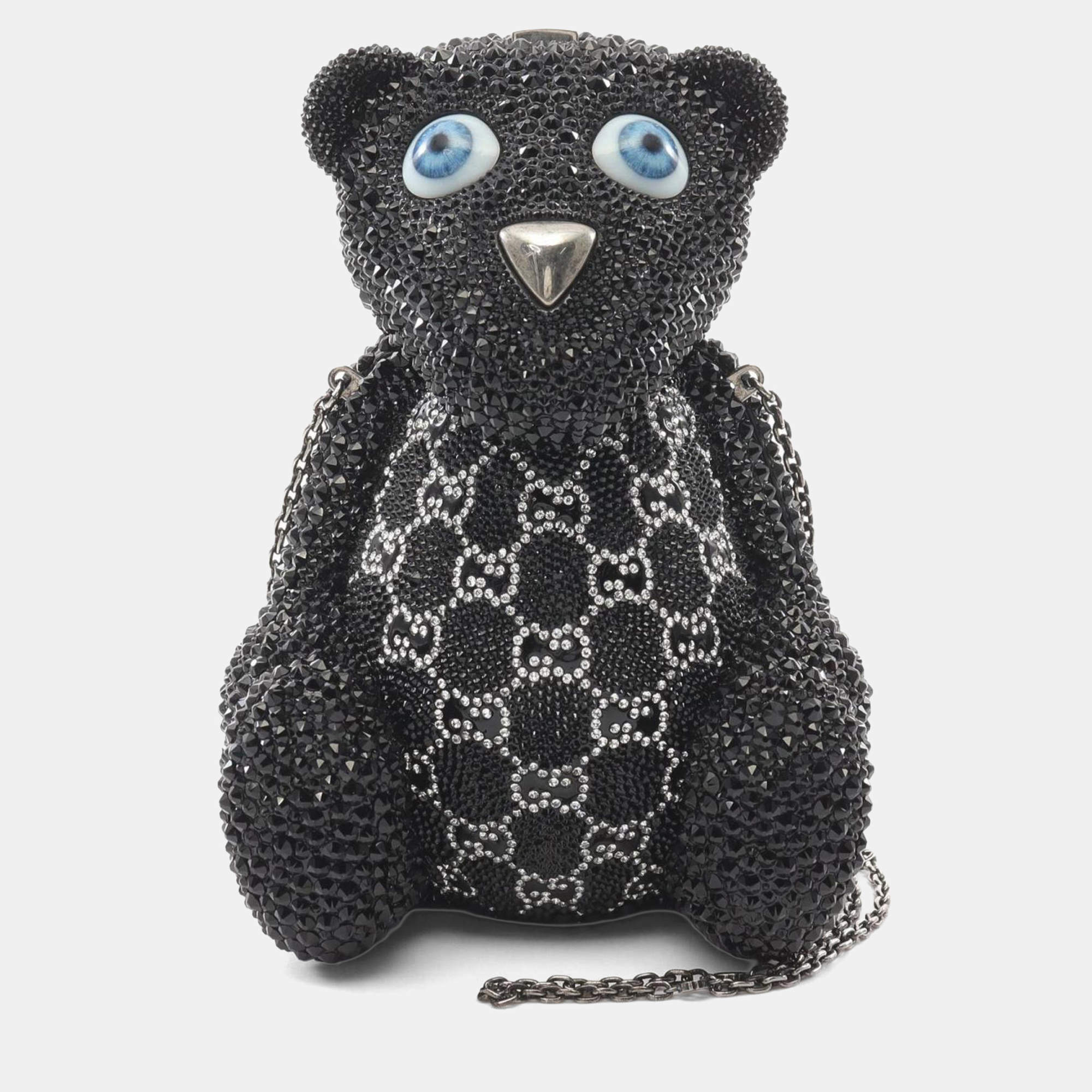 مملوكة مسبقًا حقيبة كتف غوتشي دمية تيدي GG مع كريستالات سواروفسكي أسود متنوع الألوان