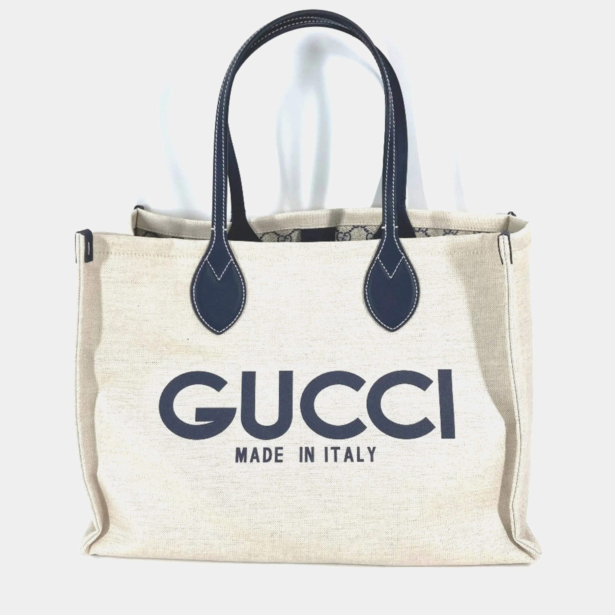 Pre Owned Gucci Logo Print Shoulder Bag/Tote Bag Canvas/Leather Beige/Black