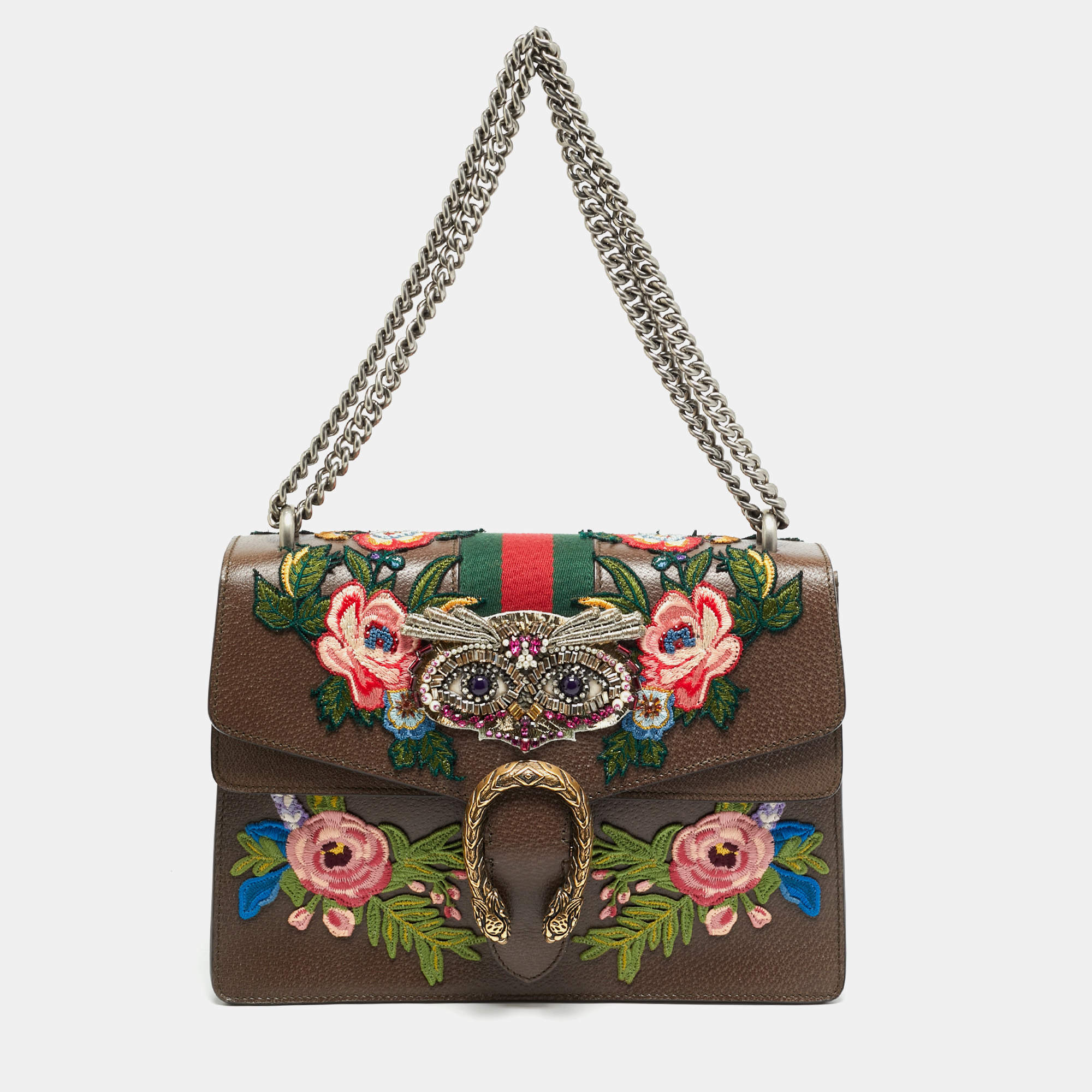Pre Owned Gucci Owl Embroidered Dionysus Medium GG Supreme Canvas Shoulder Bag