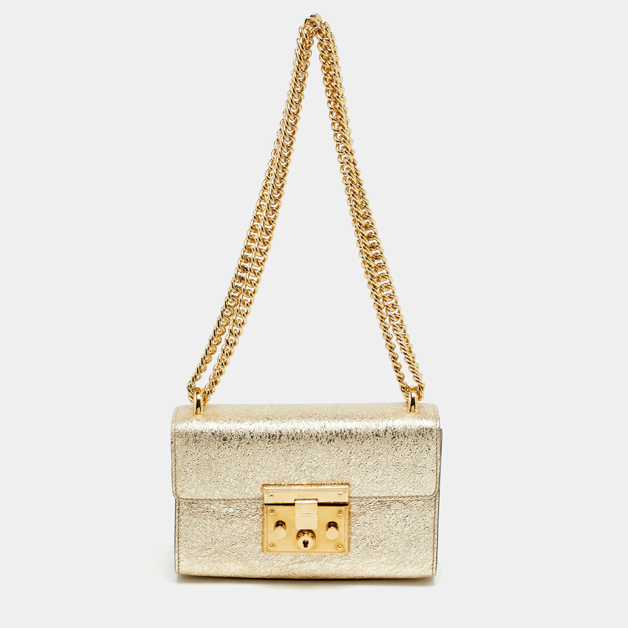 مملوكة مسبقًا Gucci Padlock Small Gold Crinkled Leather Shoulder Bag