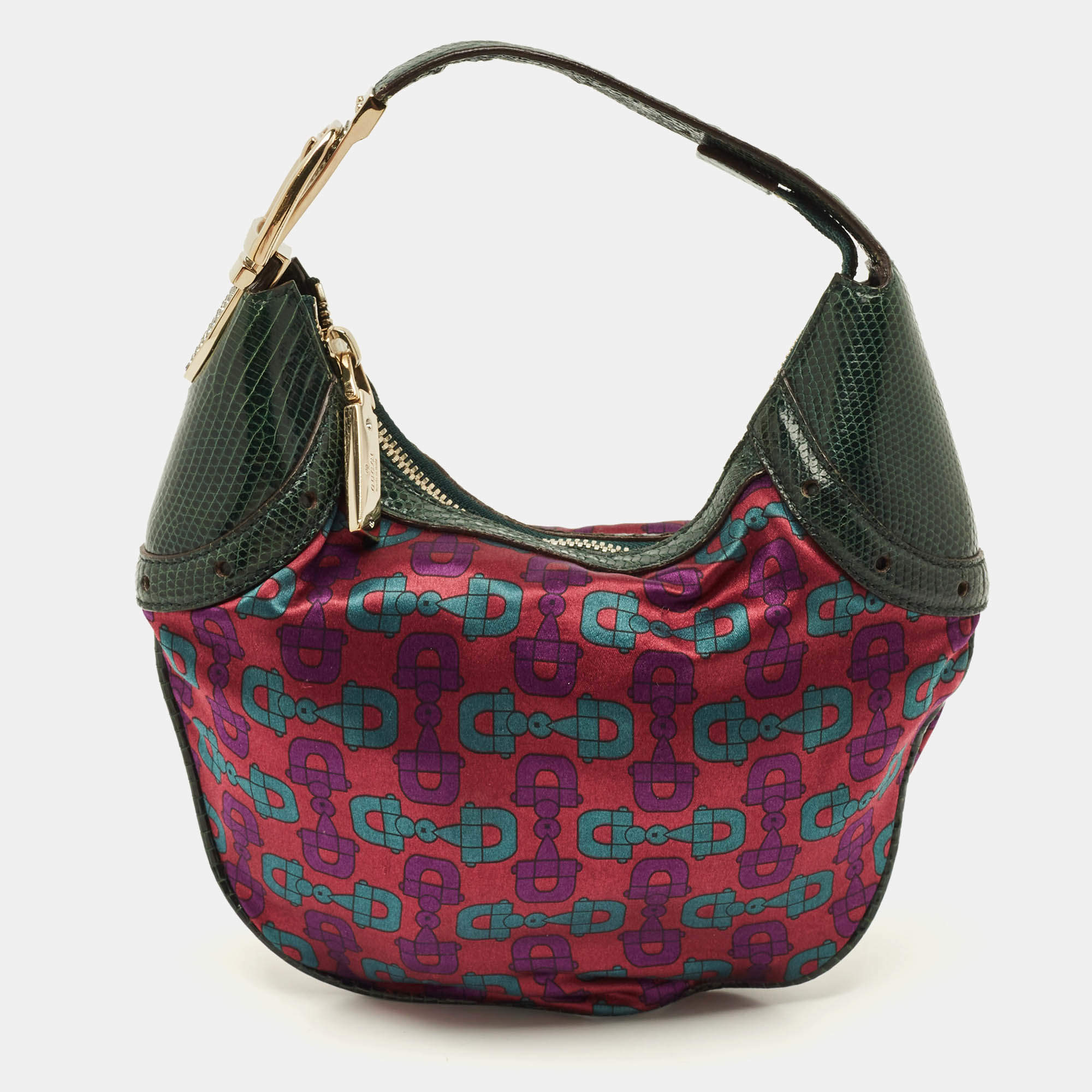 Pre Owned Gucci Glam Green Horsebit Print Satin and Lizard Hobo