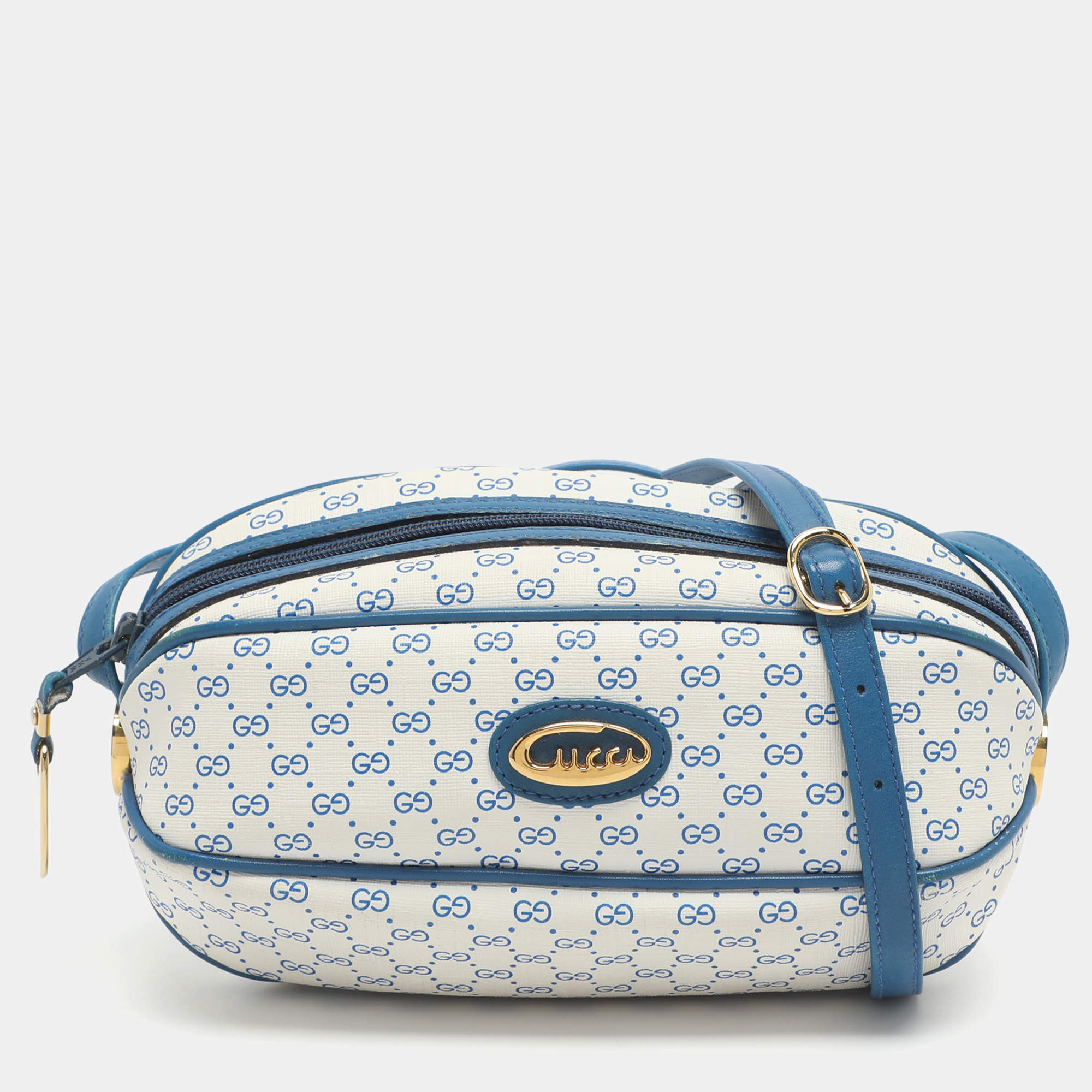 Pre Owned Gucci Vintage White/Blue Micron GG Supreme Canvas and Leather Crossbody Bag