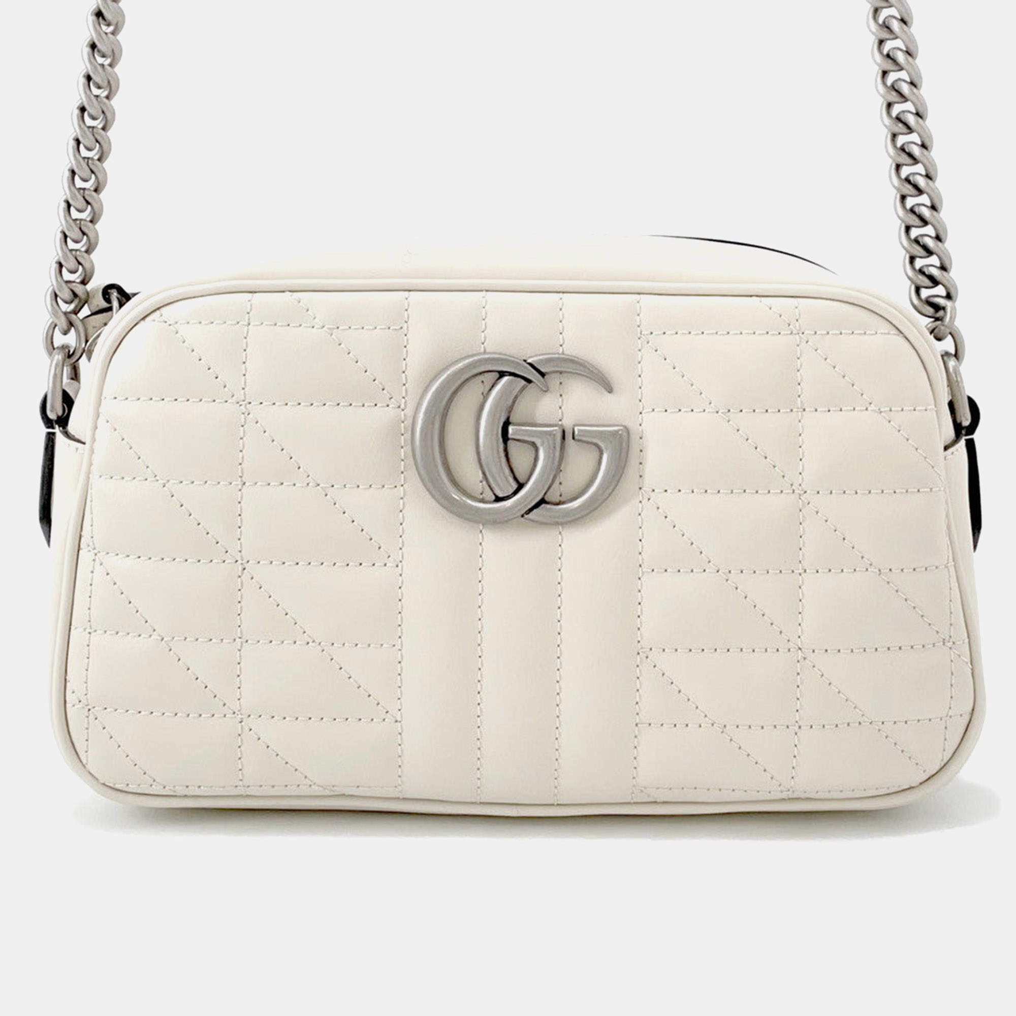 Pre Owned Gucci Gg Marmont Chain shoulder Bag White/Beige Leather Size Small