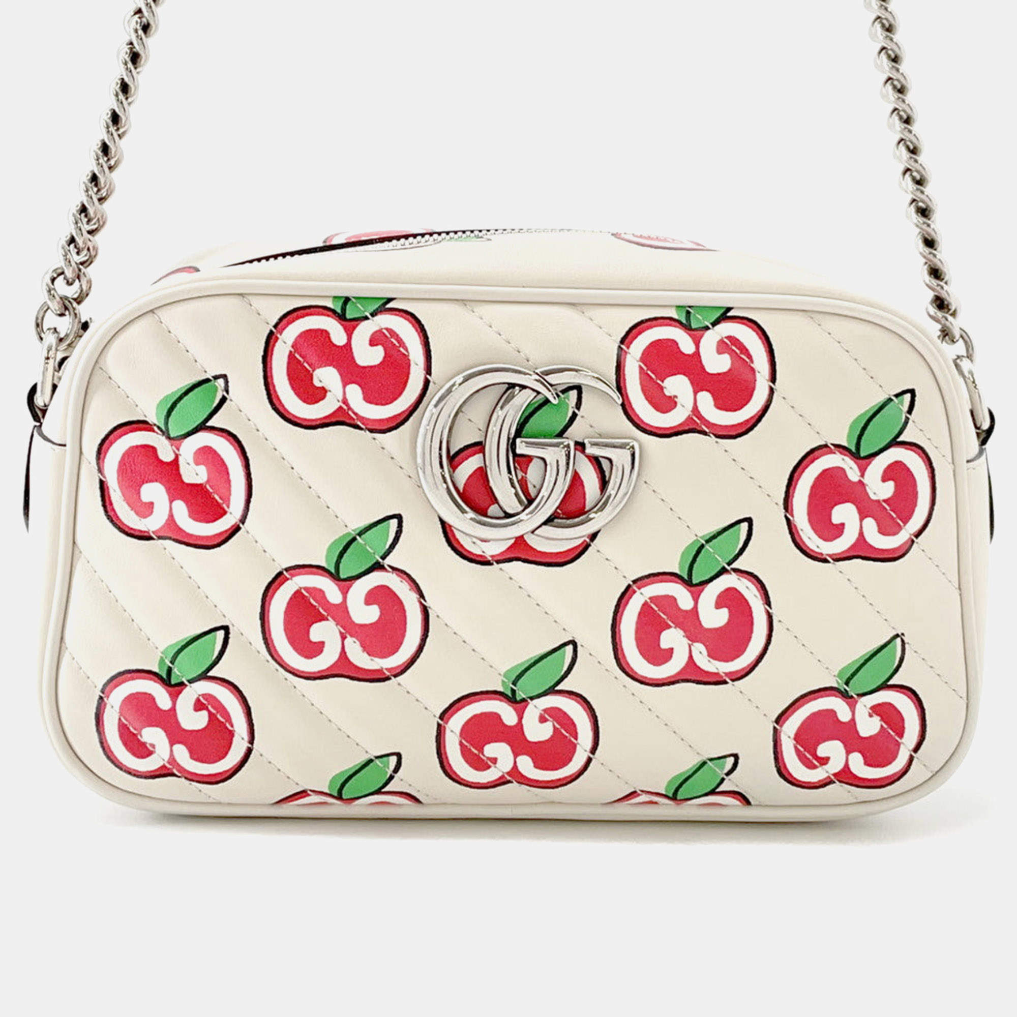Pre Owned حقيبة كتف صغيرة غوتشي مارمونت GG آبل جلد أبيض/أحمر/بيج