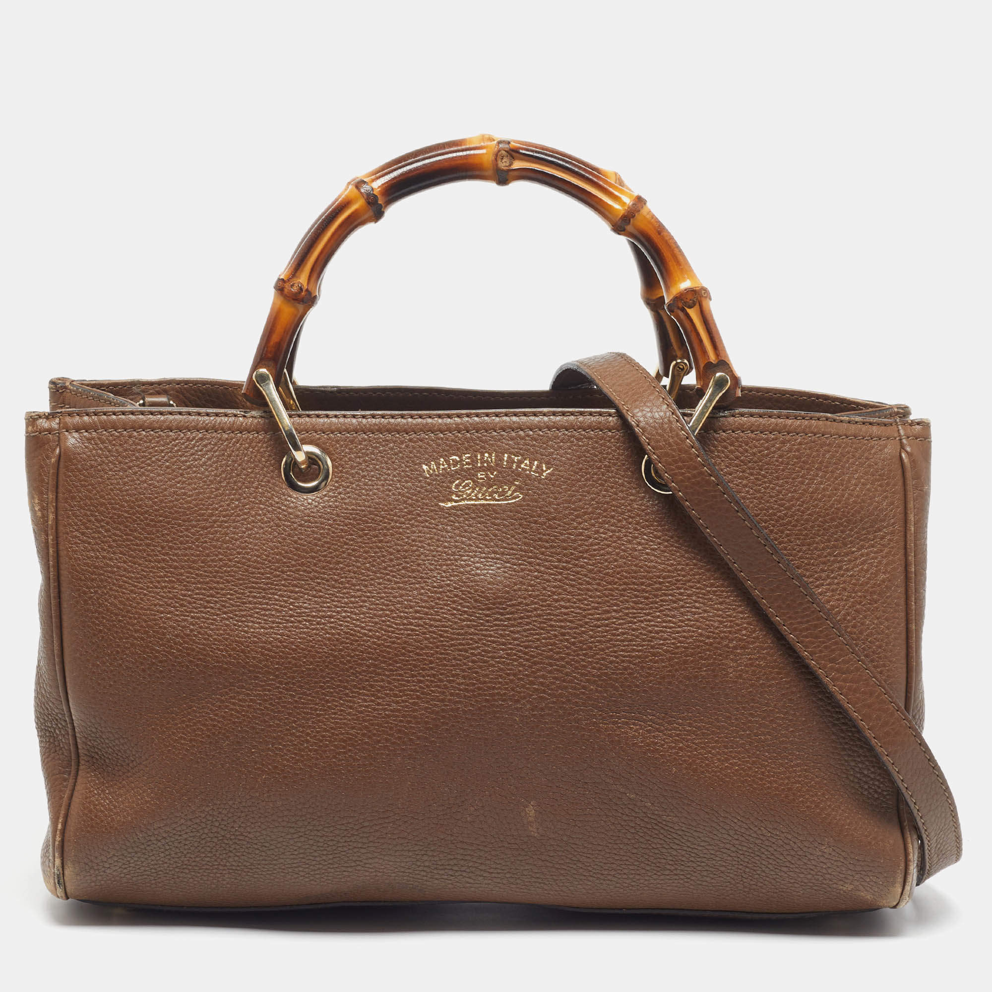 Pre Owned Gucci Bamboo Shopper Brown Leather Medium Tote