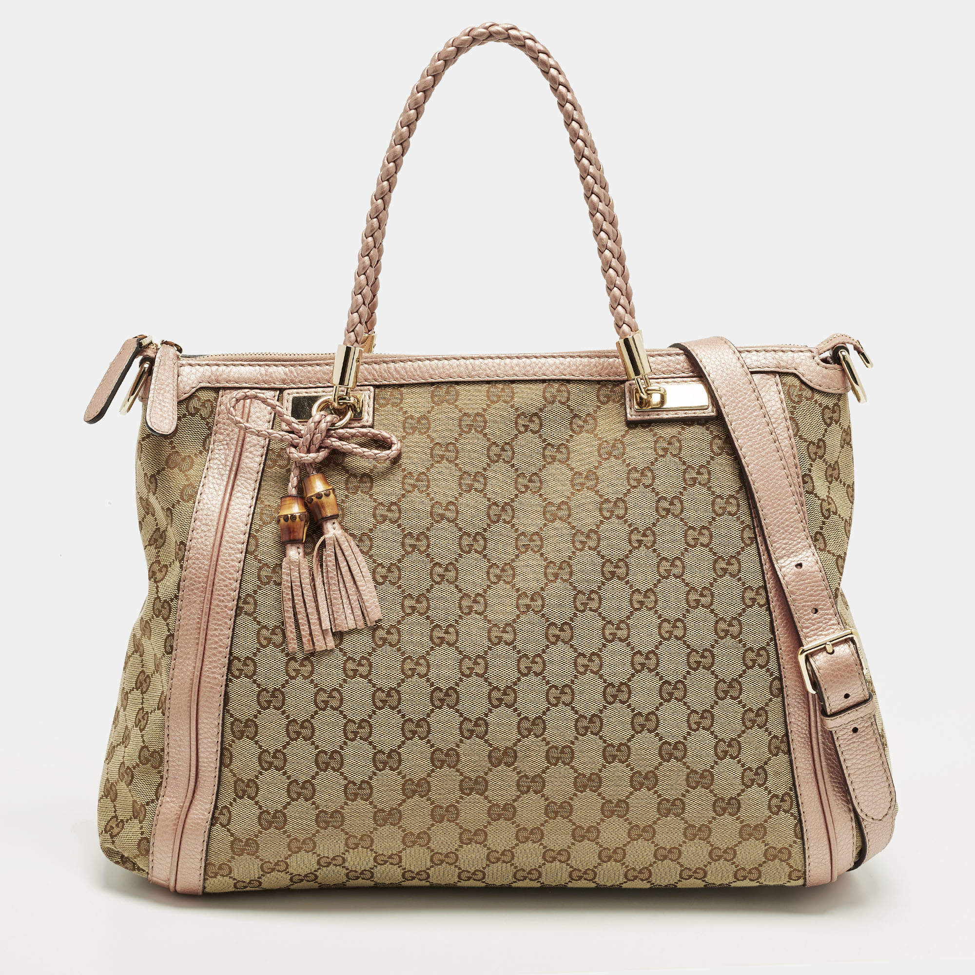 Pre Owned Gucci Bella Metallic Pink/Beige GG Canvas and Leather Tote