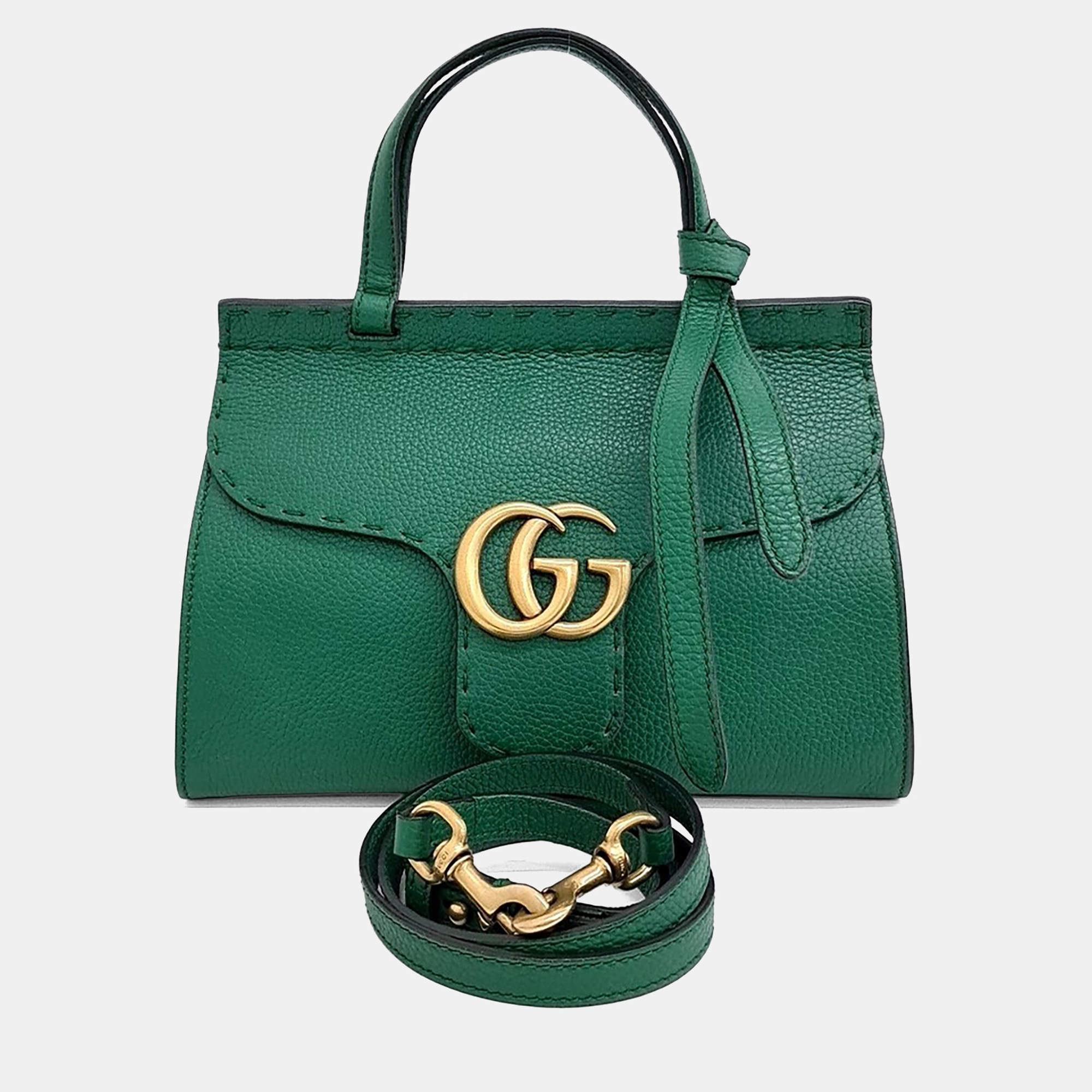 Pre Owned Gucci Green Leather GG Marmont Mini Tote and Shoulder Bag