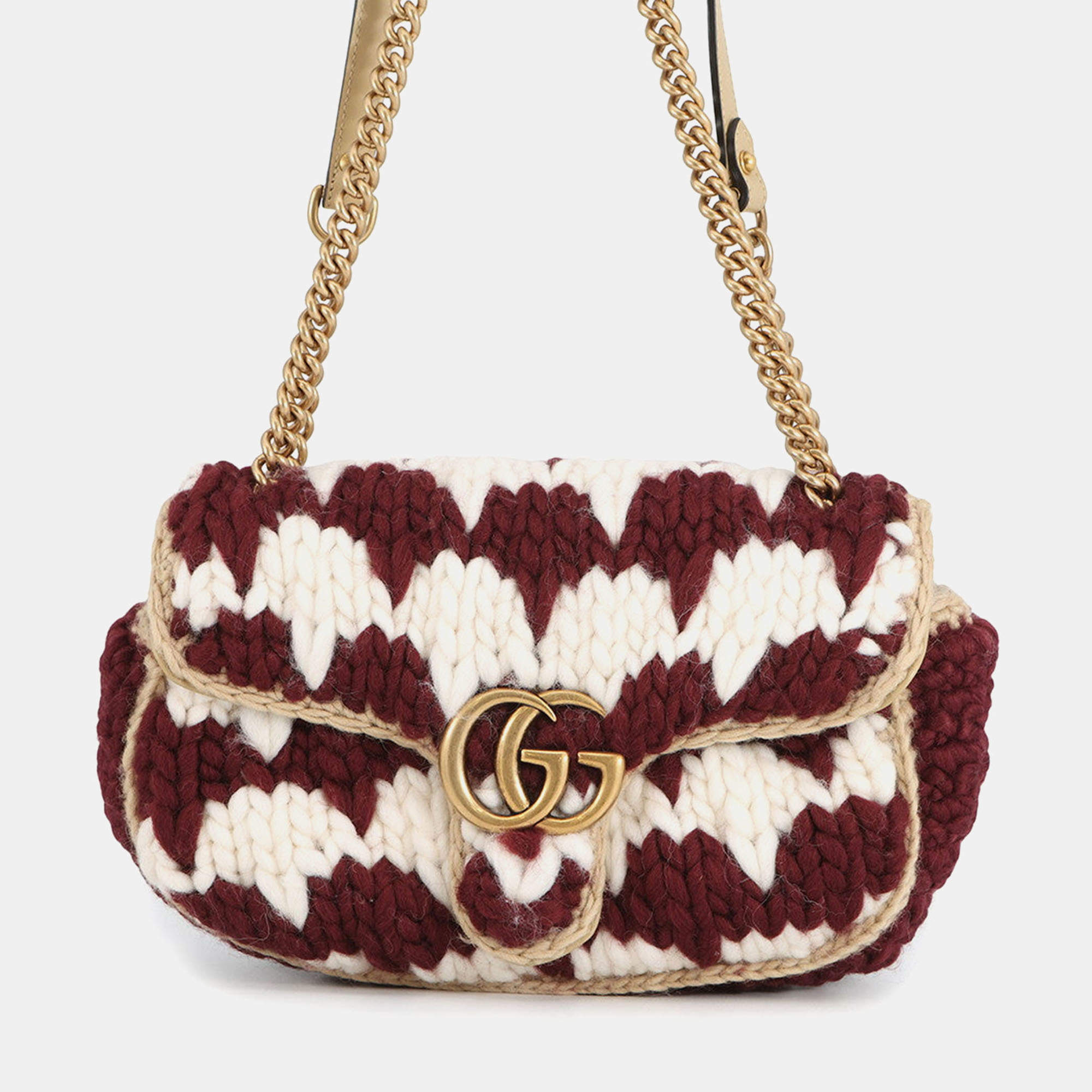 Pre Owned Gucci Gg Marmont Knit Shoulder Bag Bordeaux/White Wool Leather