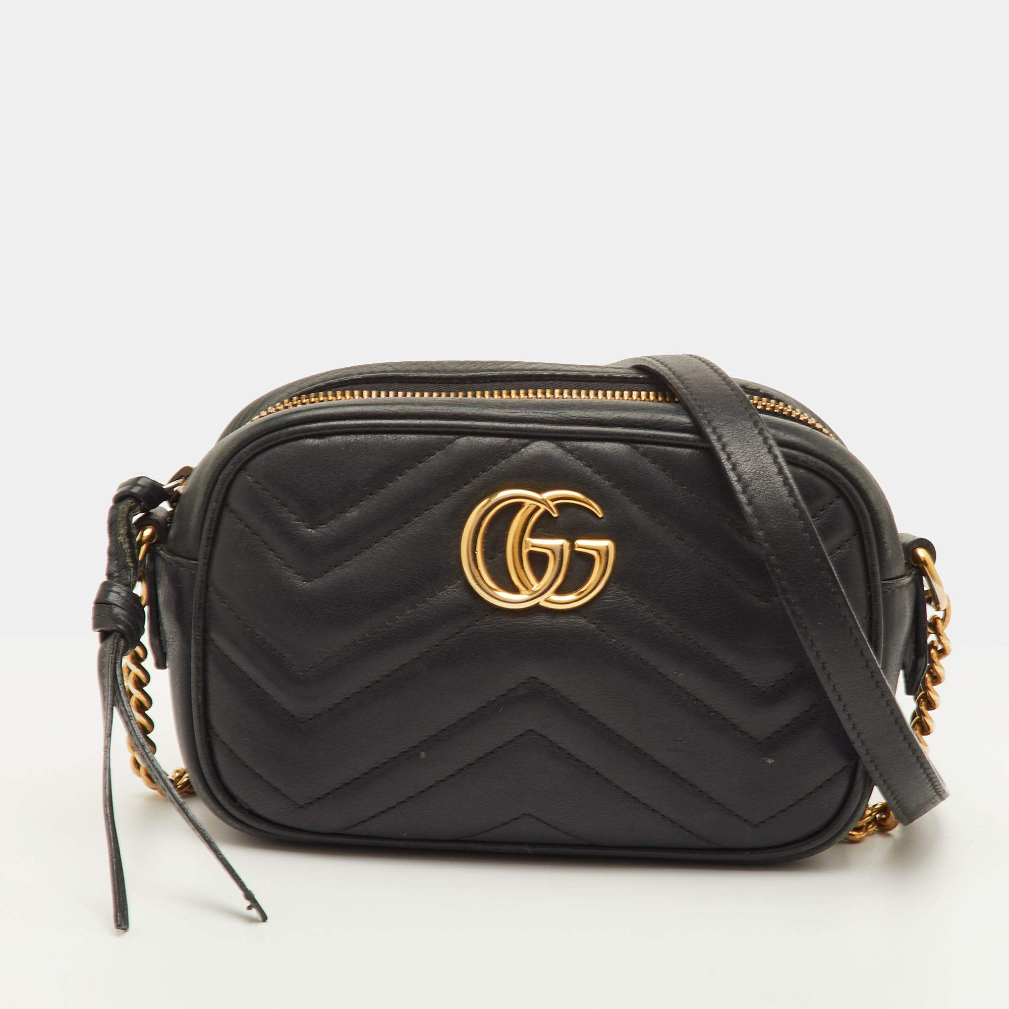 Pre Owned حقيبة كتف غوتشي مارمونت جي جي ميني جلد ماتيلاسيه أسود كاميرا