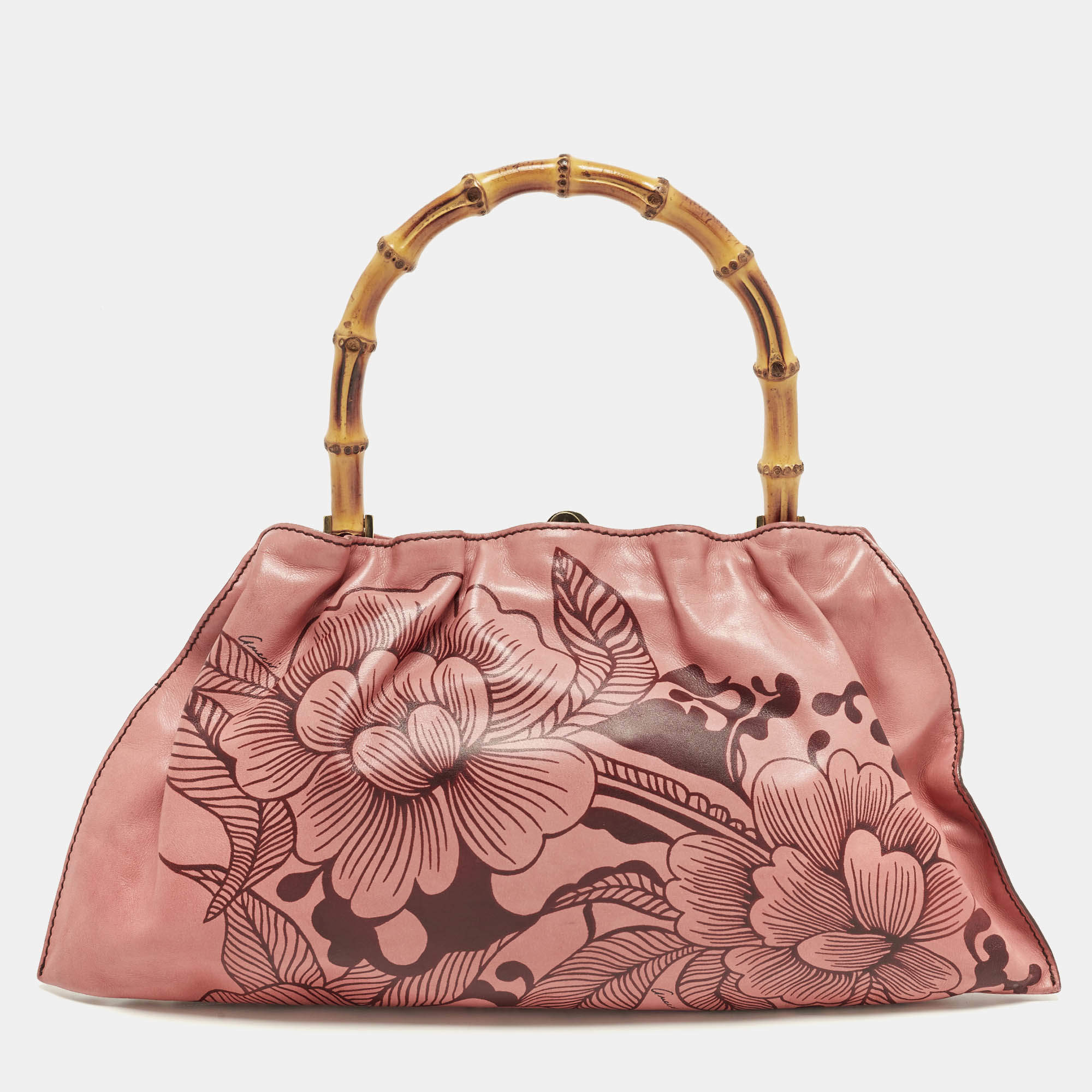 مملوكة مسبقًا Gucci Bamboo Floral Print Old Rose Leather Top Handle Bag