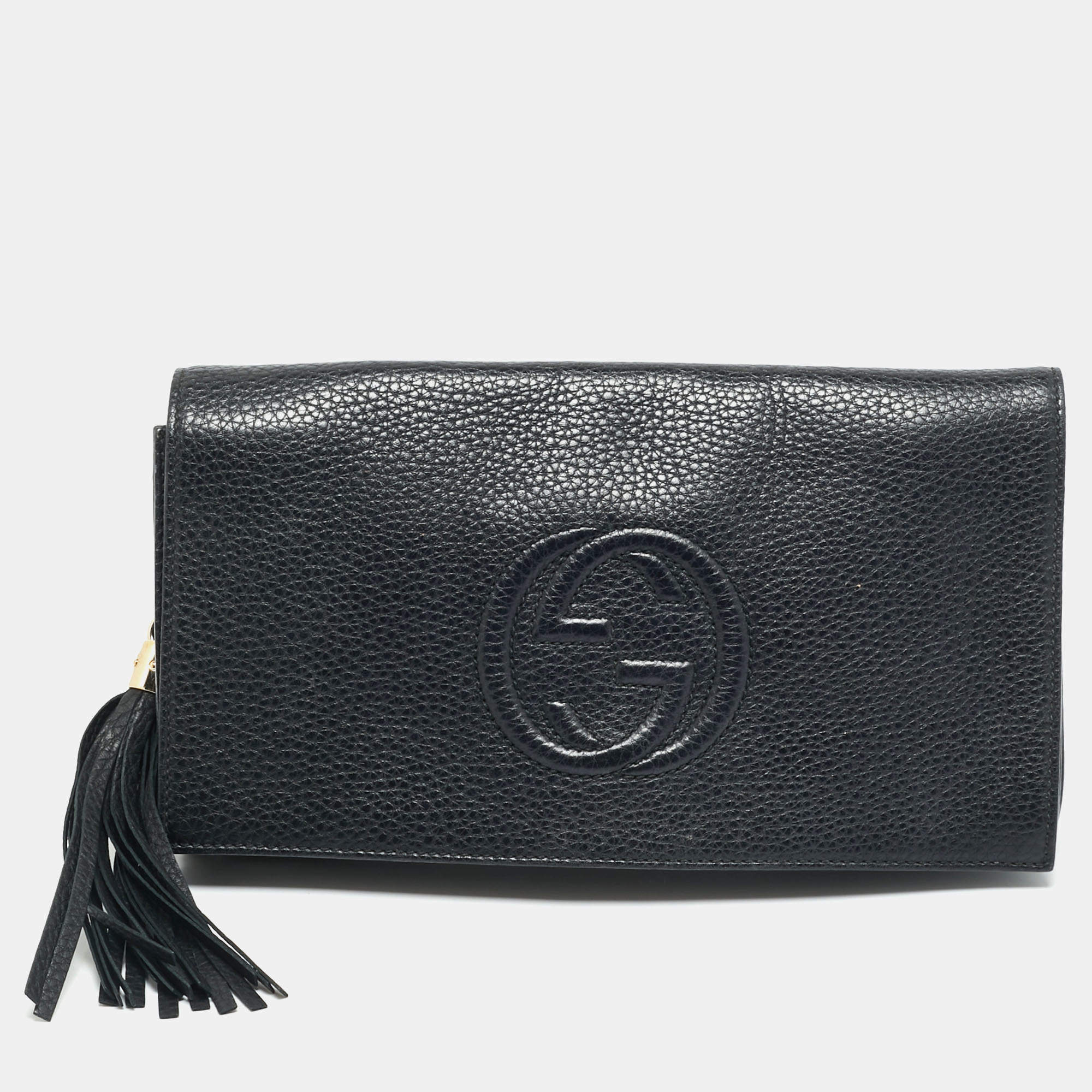 Pre Owned Gucci Soho Tassel Black Leather Pouch Clutch