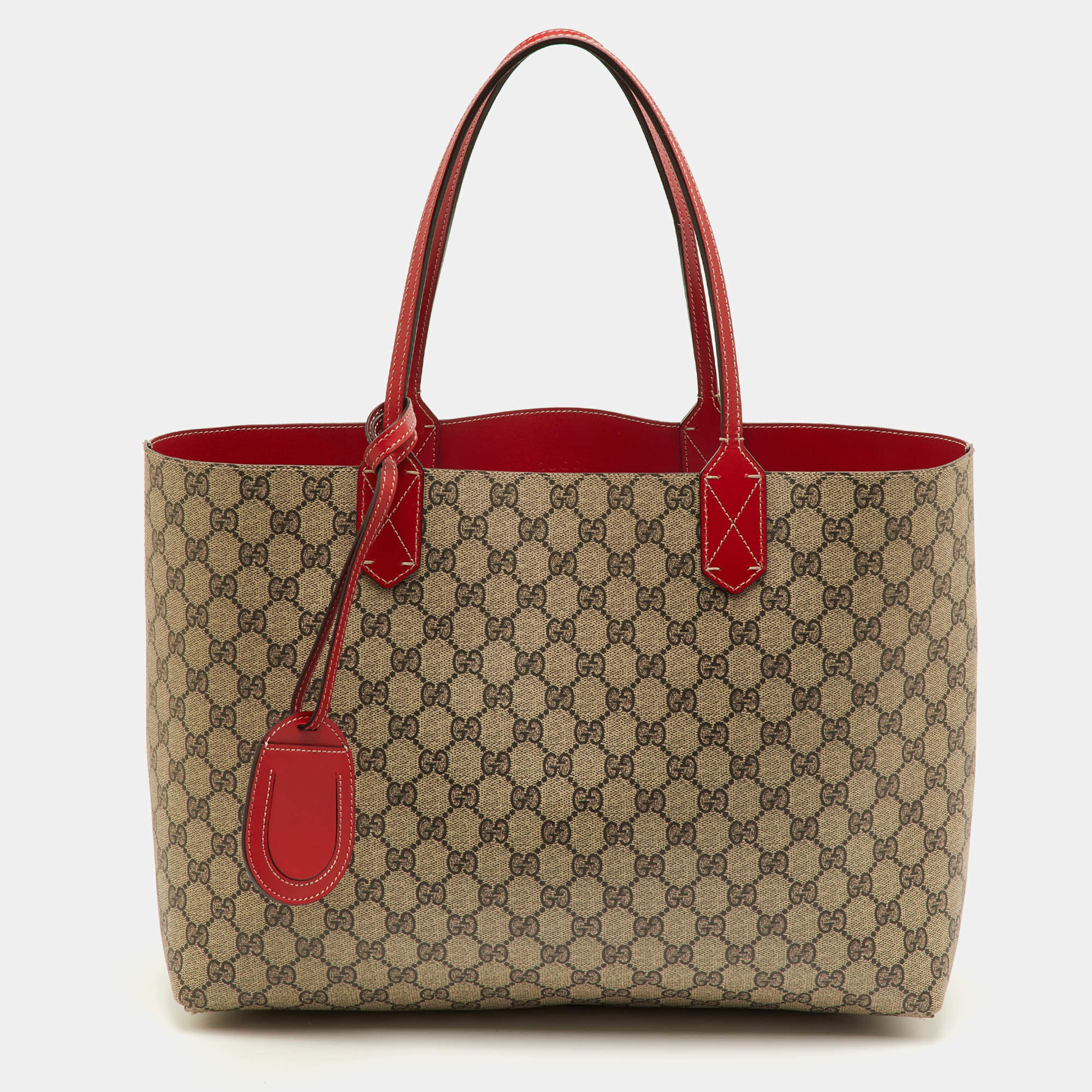 Pre Owned Gucci Reversible Medium Beige/Red GG Supreme Canvas and Leather Tote