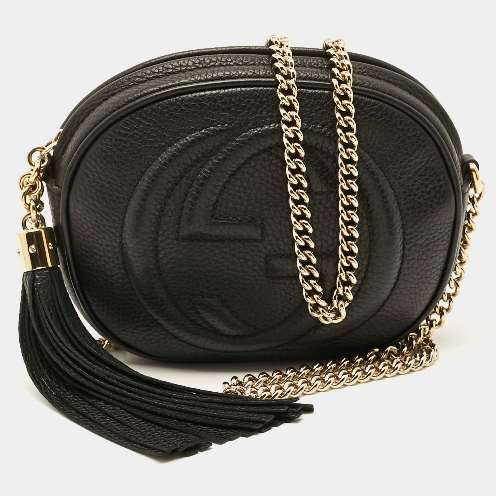 Pre Owned Gucci Soho Disco Mini Black Leather Chain Crossbody Bag