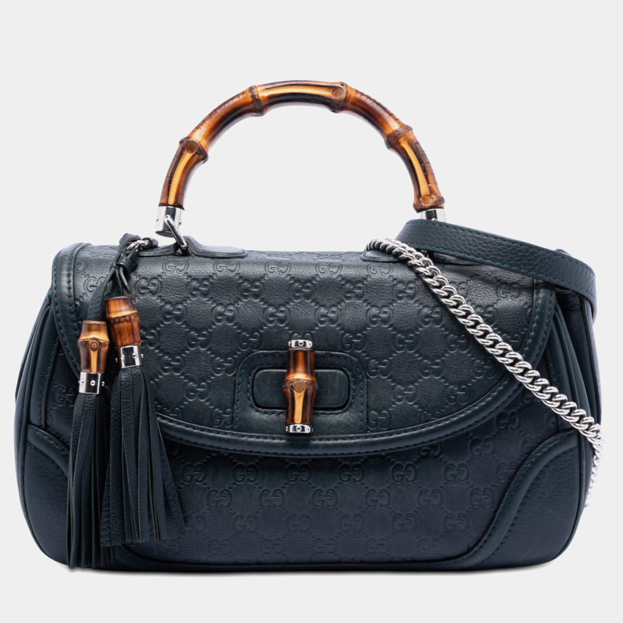 Pre Owned Gucci Blue Large Guccissima New Bamboo Top Handle Bag