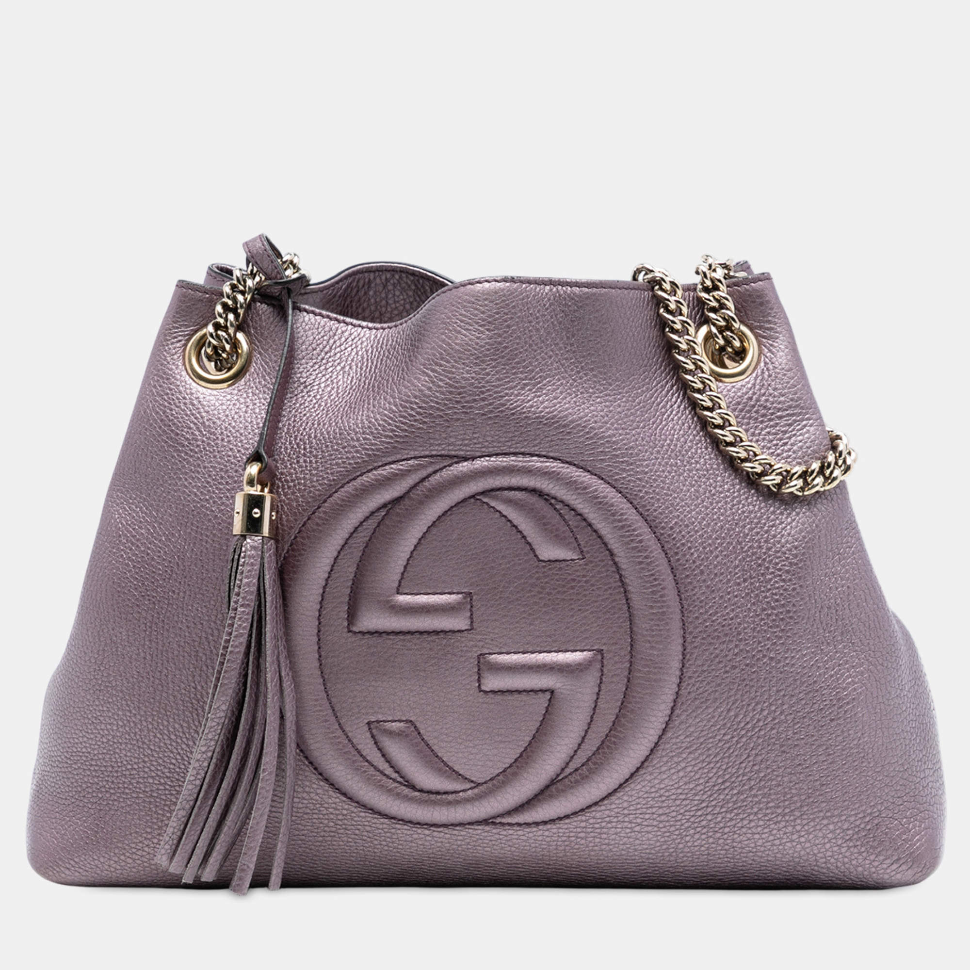 Pre Owned Gucci Purple Medium Metallic Leather Soho Chain Tote