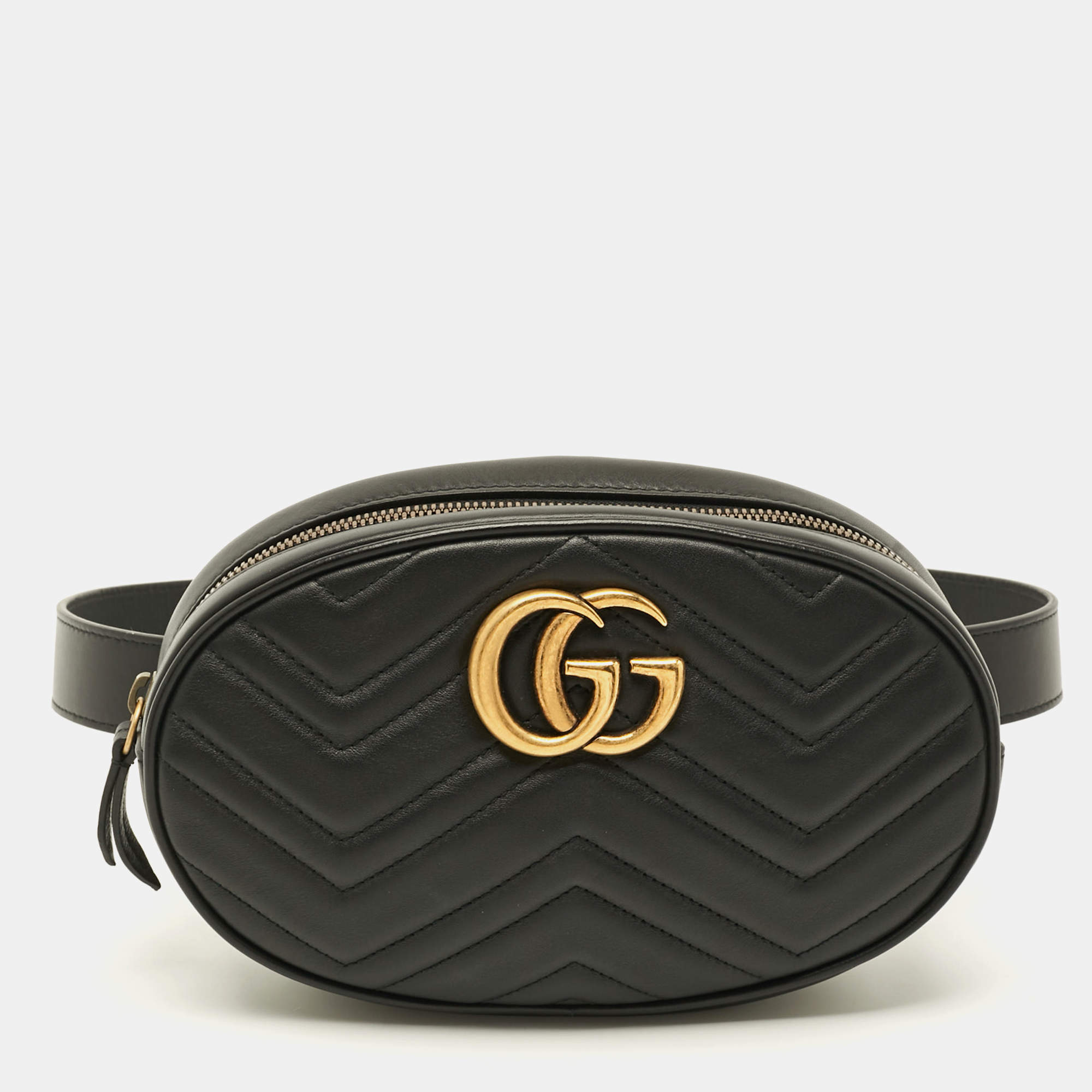 Pre Owned Gucci GG Marmont Large Black Matelasse Leather Belt Bag