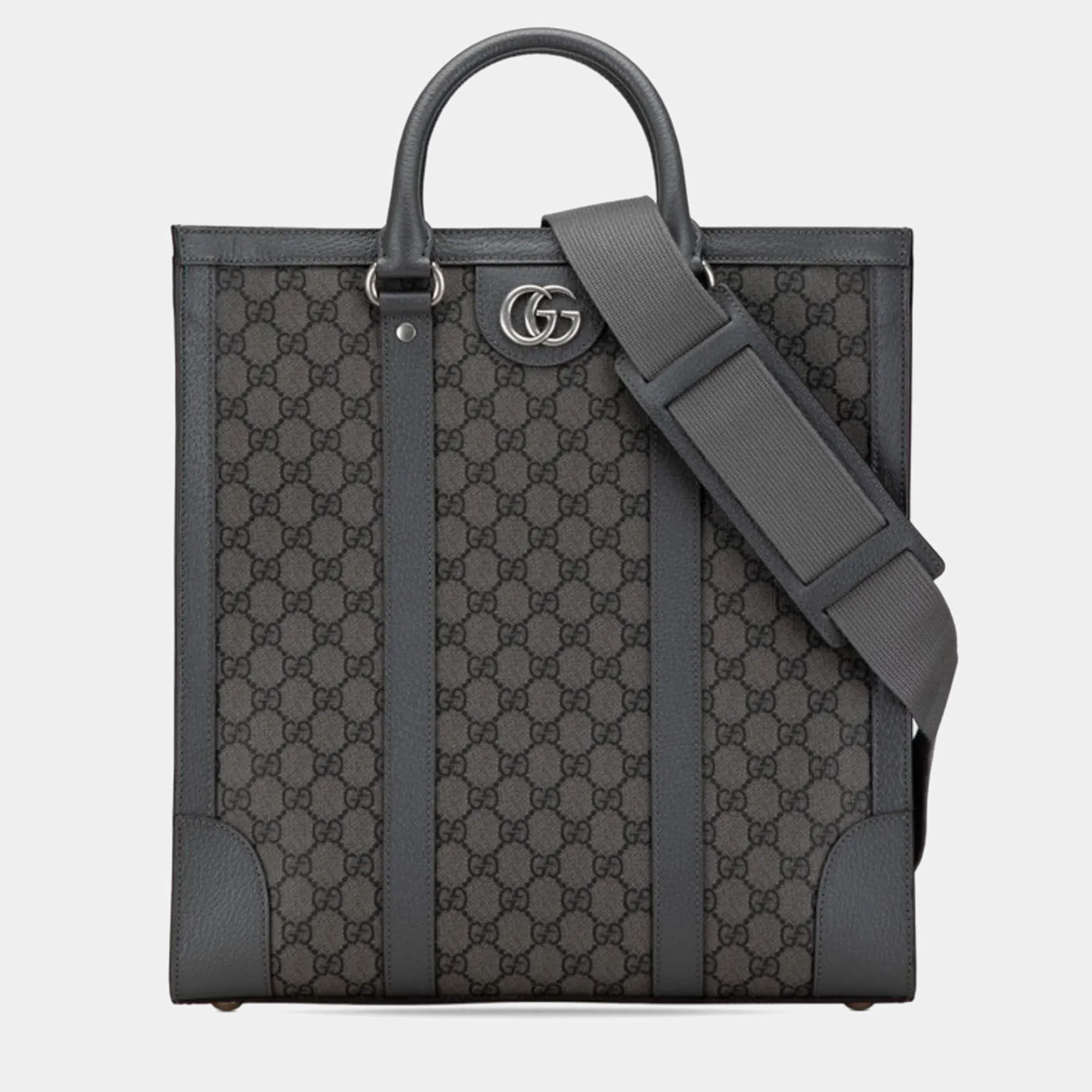 Pre Owned Gucci Gg Supreme Ophidia Medium Handbag Shoulder Bag Grey Pvc Leather