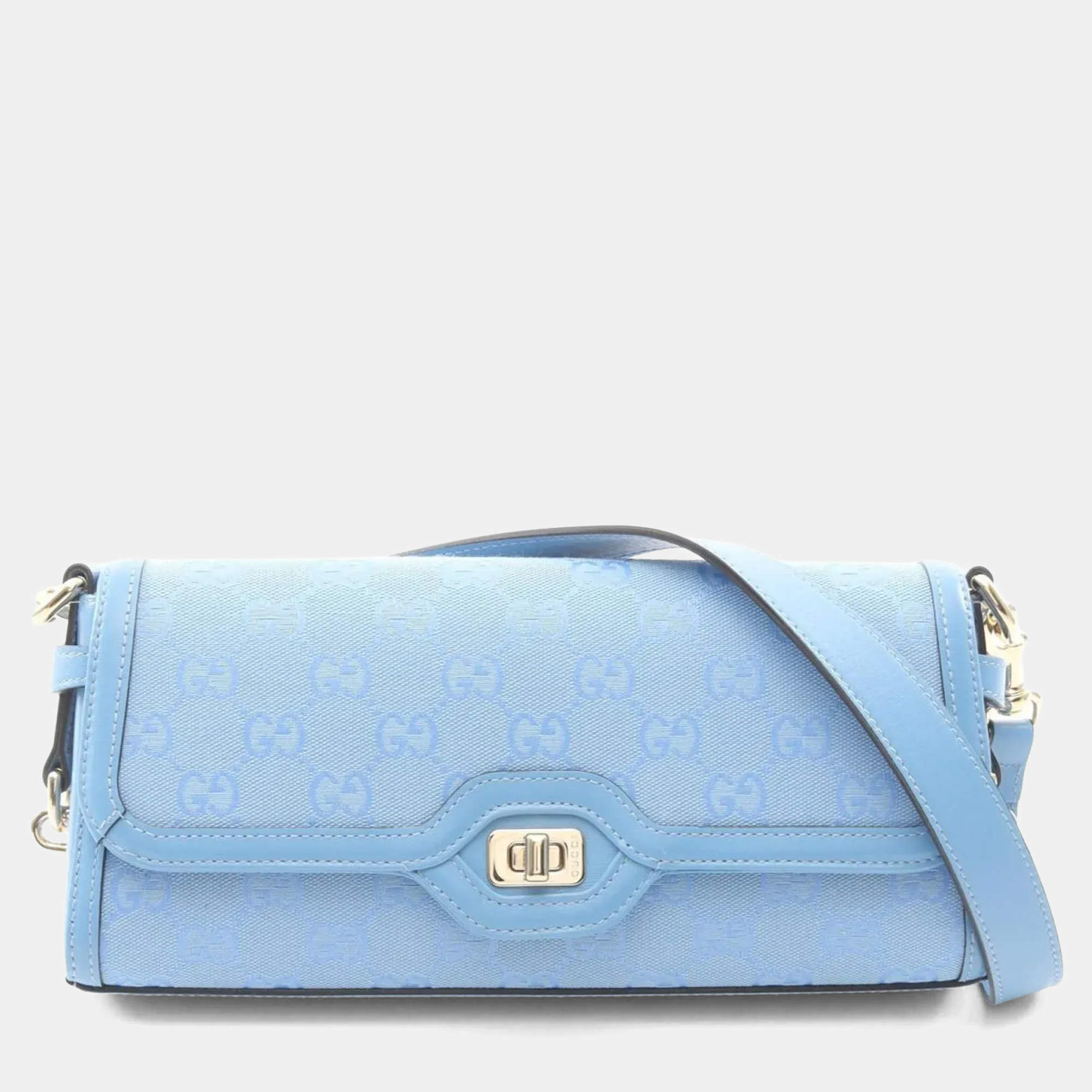 Pre Owned Gucci Luce Small Shoulder Bag In Gg Canvas And Leather Blue