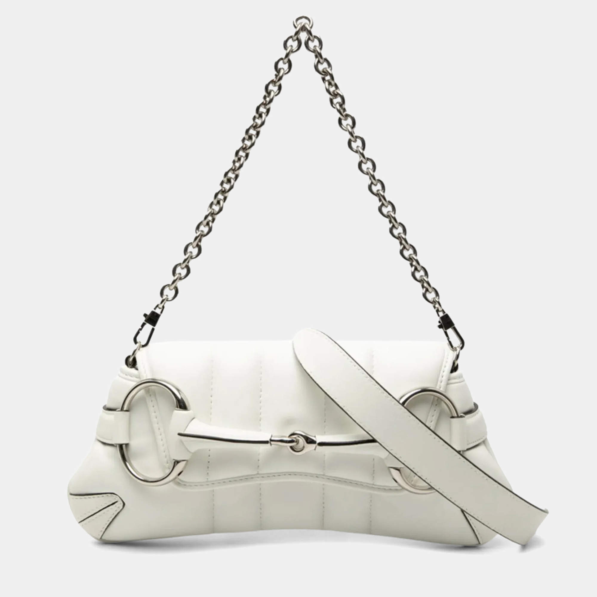 Pre Owned حقيبة يد/كتف غوتشي بيت لجام جلد أبيض