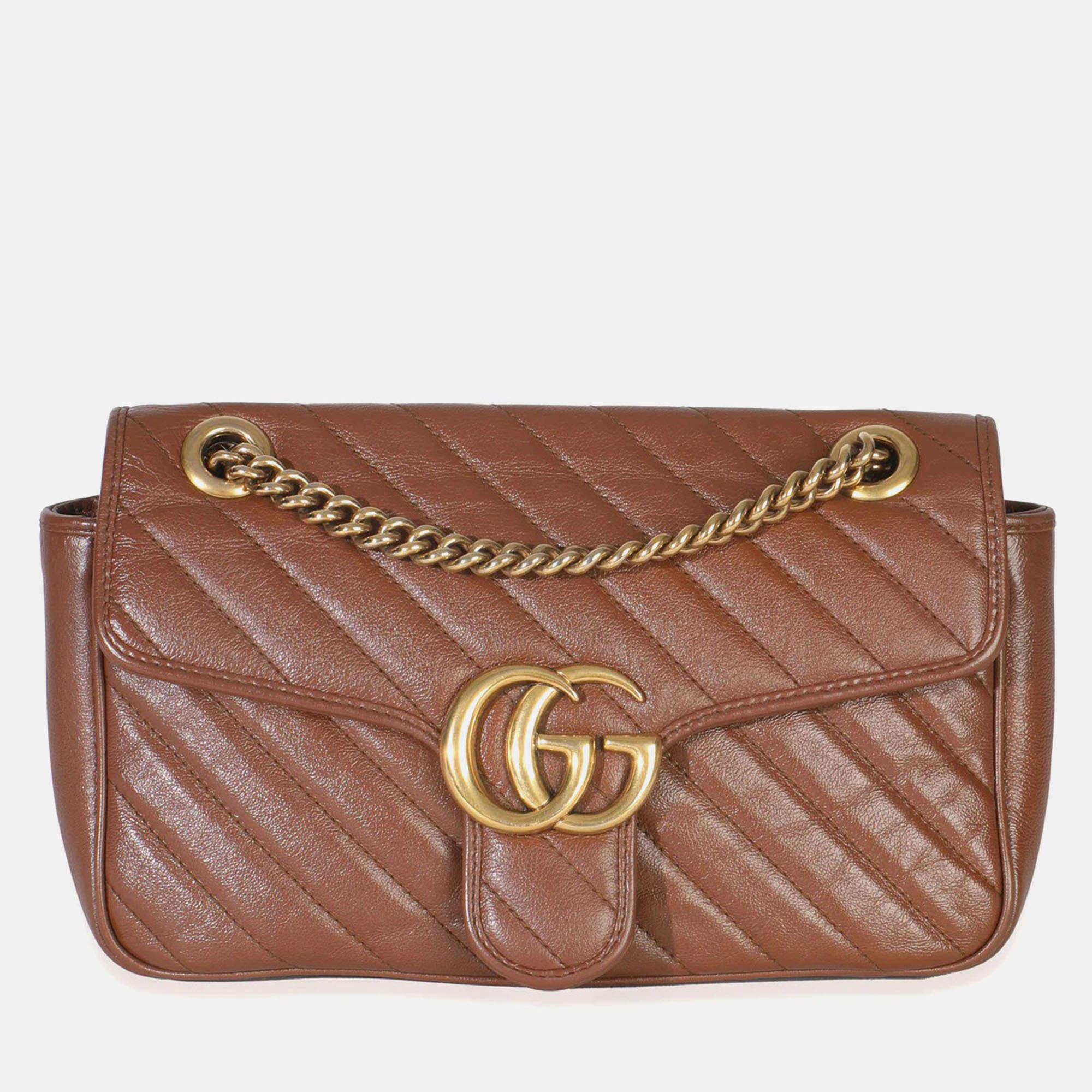 Pre Owned Gucci Brown Diagonal Matelasse Quilted Calfskin Small Marmont Shoulder Bag