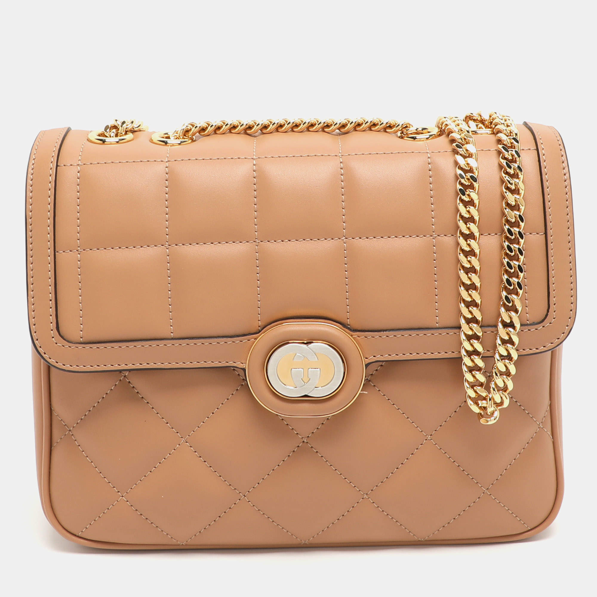 Pre Owned Gucci Deco Small Brown Quilted Leather Shoulder Bag