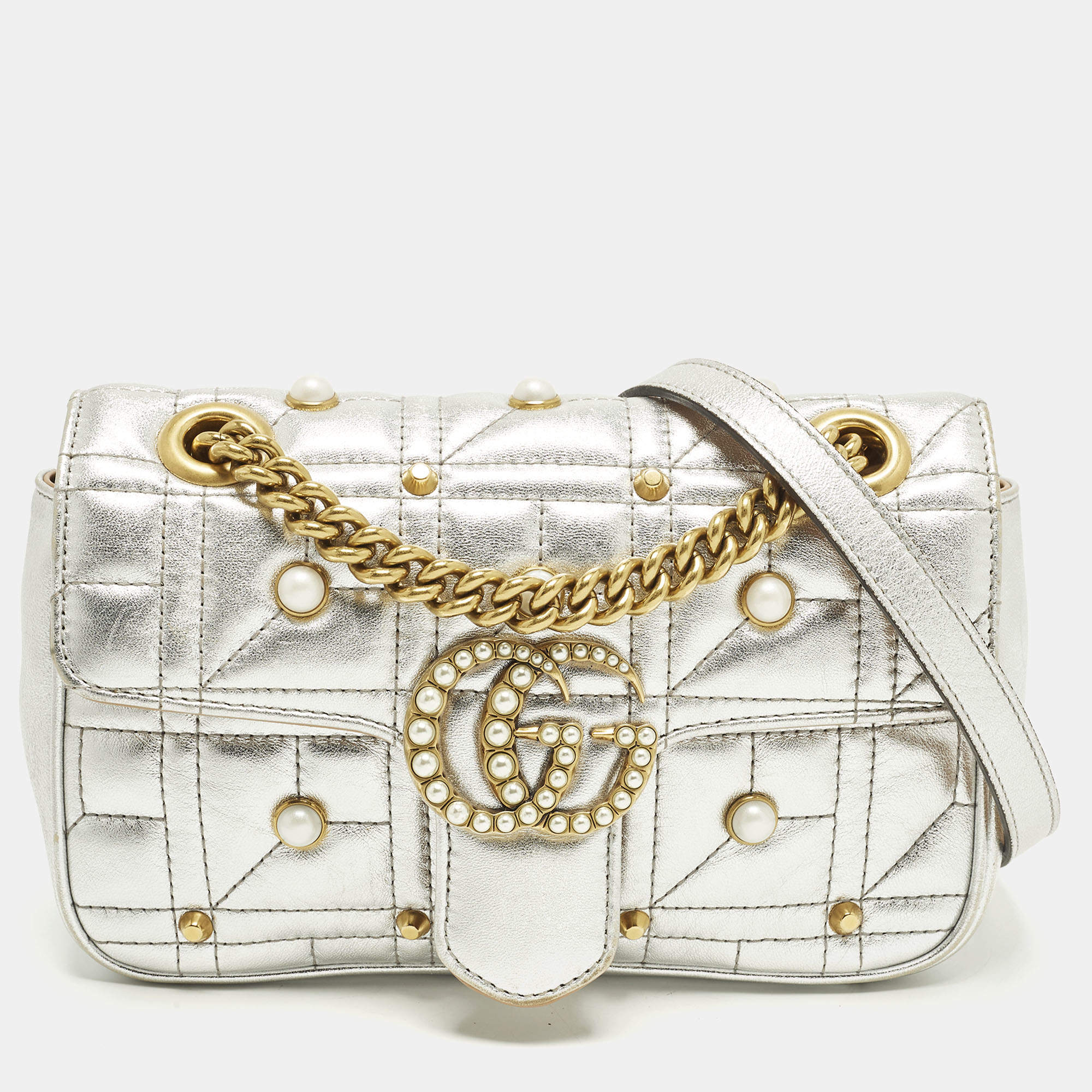 مملوكة مسبقًا Gucci GG Pearl Marmont Flap Mini Silver Matelassé Leather Shoulder Bag