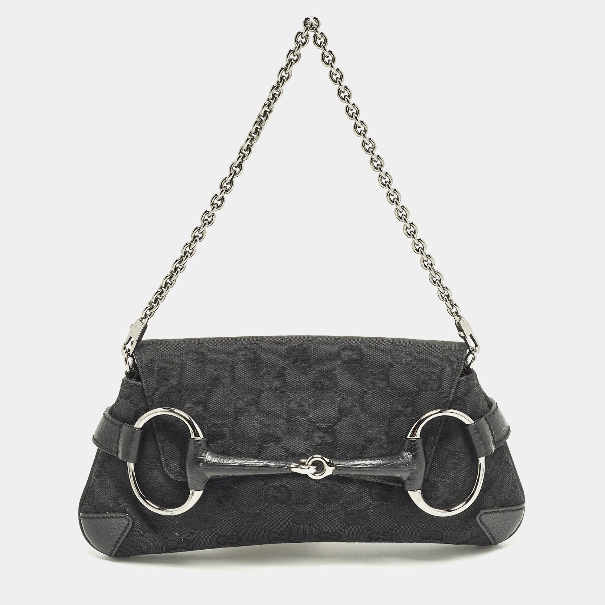 Pre Owned Gucci Horsebit Black GG Canvas and Leather Chain Clutch