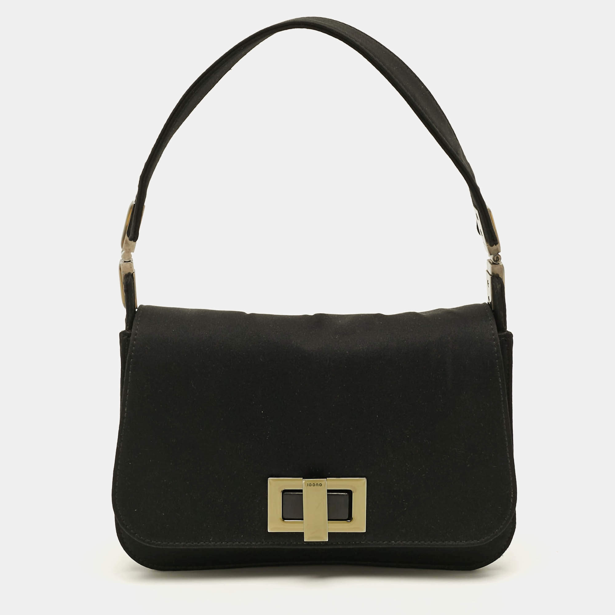 Pre Owned Gucci Black Satin Turnlock Flap Bag