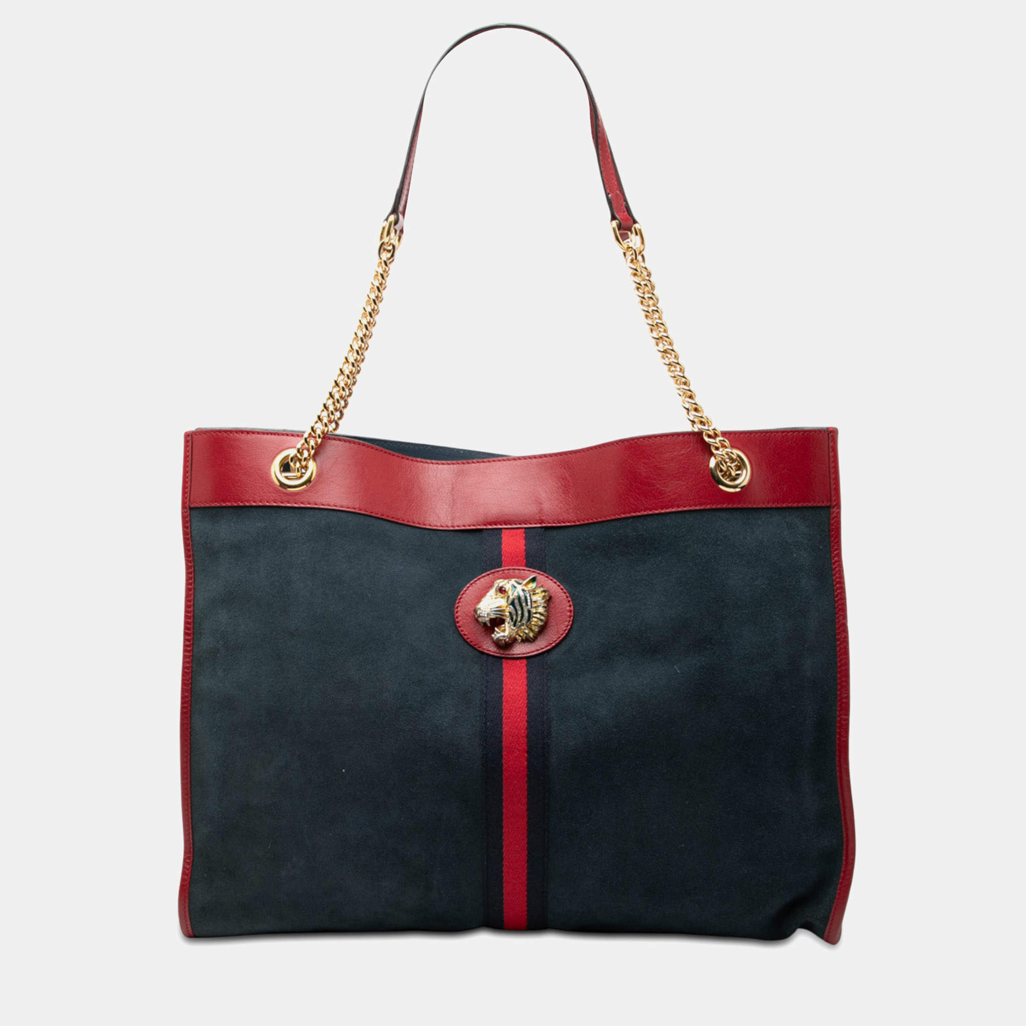 Pre Owned Gucci Blue, Red Large Web Suede Rajah Tote