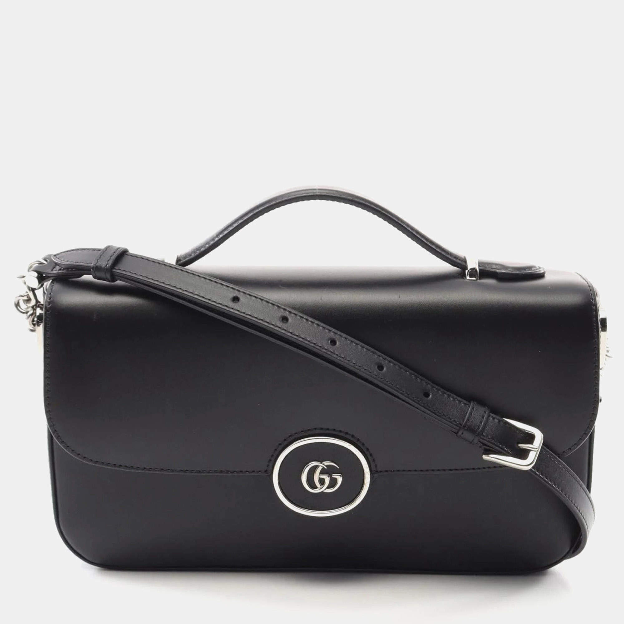 Pre Owned Gucci Double G Shoulder Bag Leather Black