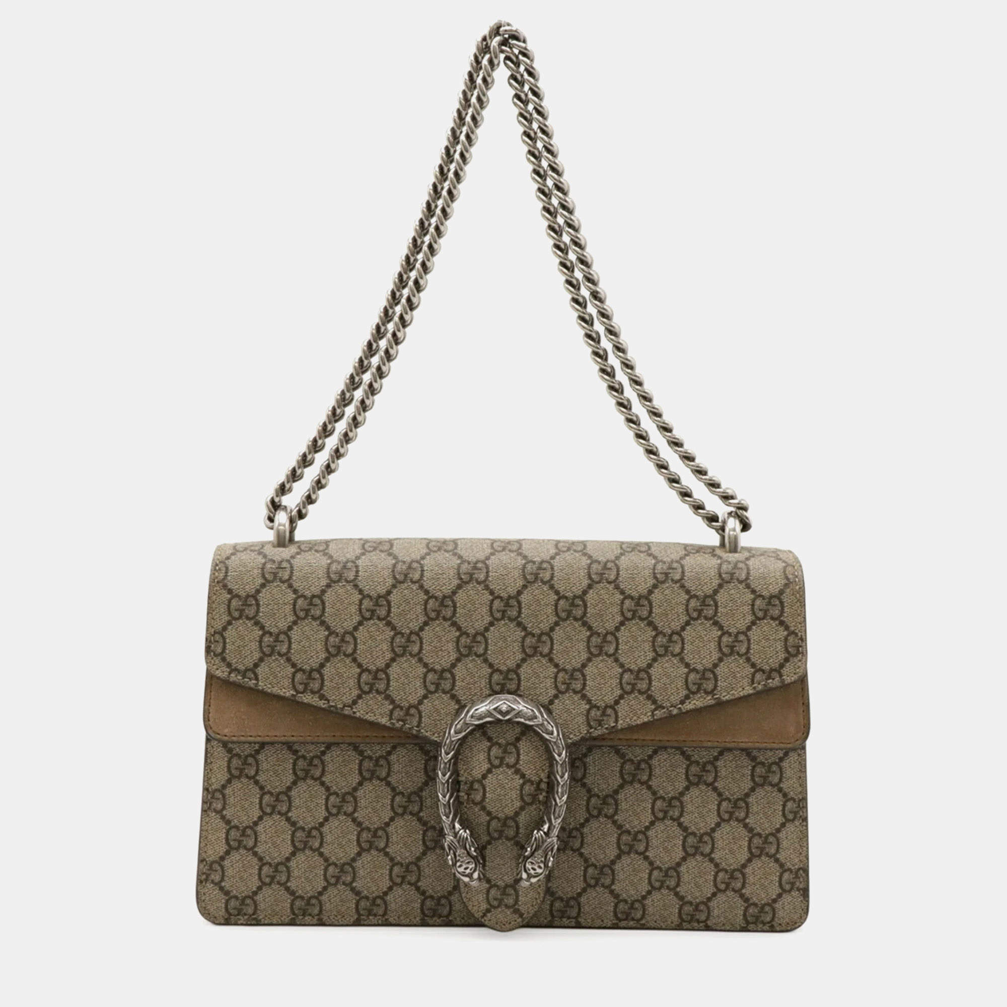 Pre Owned Gucci Dionysus Gg Supreme Shoulder Bag Chain Tiger Head Suede Beige
