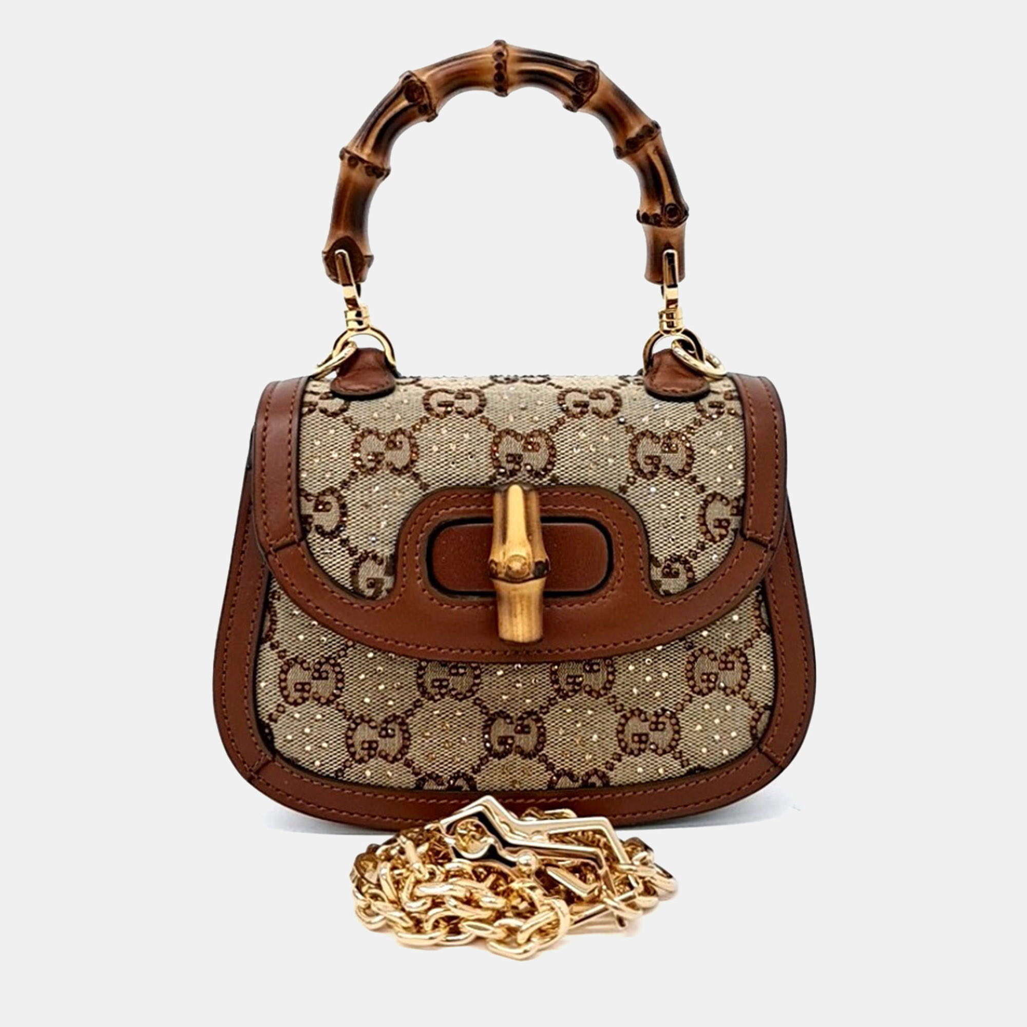 مملوكة مسبقًا Gucci Beige Brown Canvas and Leather Crystal Bamboo 1947 Mini Top Handle Bag
