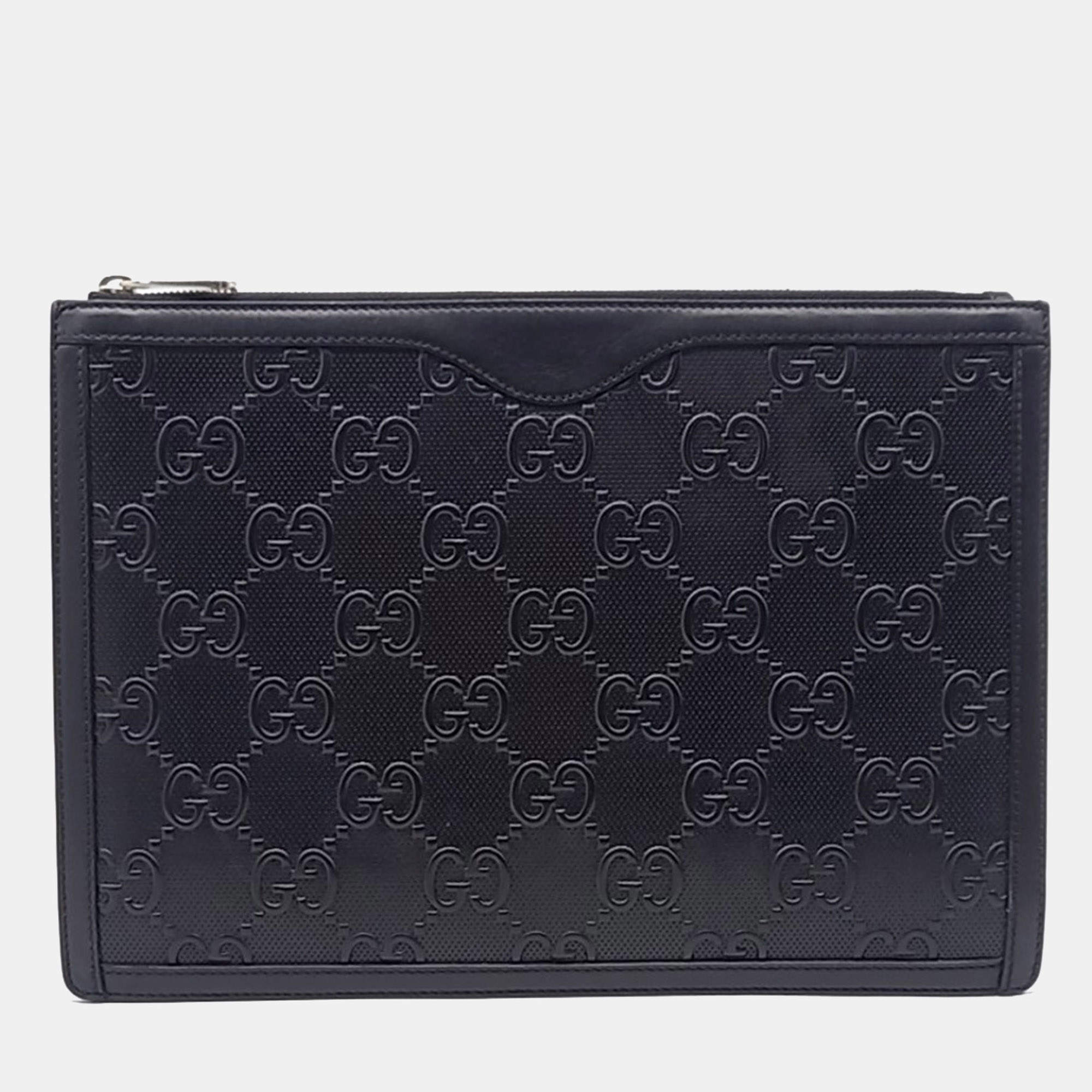 Pre Owned Gucci Black Leather GG Embossed Clutch