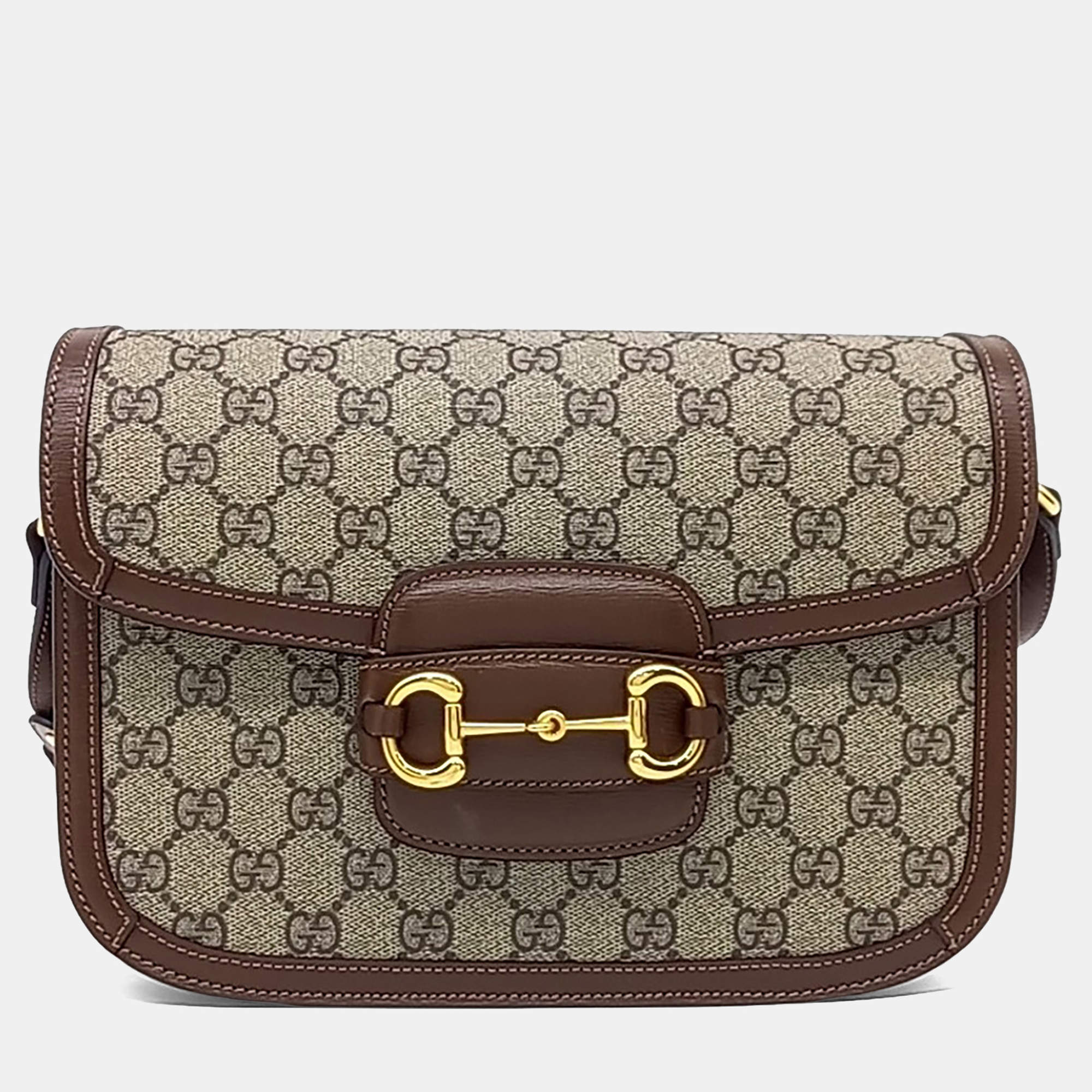 Pre Owned Gucci Beige, Brown Canvas 1955 Horsebit Shoulder Bag