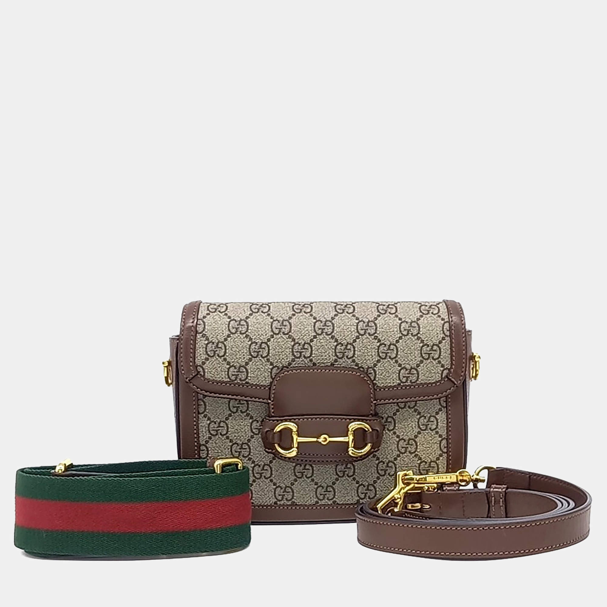 Pre Owned Gucci Beige, Brown Canvas and Leather Horsebit 1955 Mini Bag