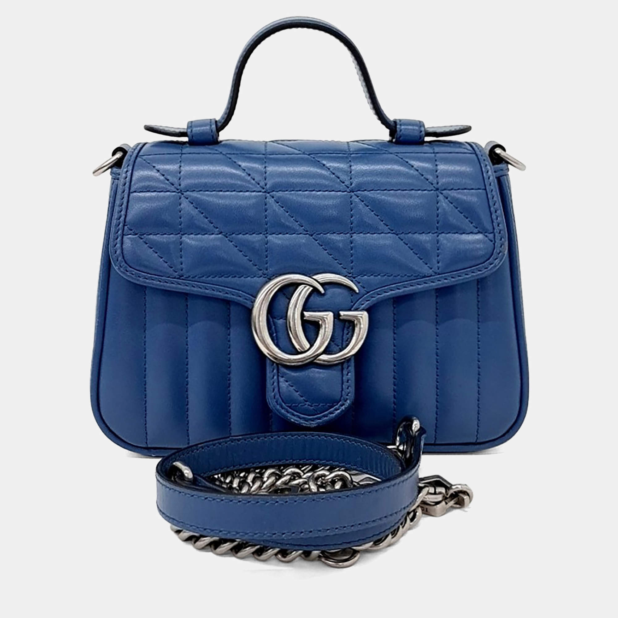 Pre Owned Gucci Blue Leather GG Marmont Mini Top Handle Bag