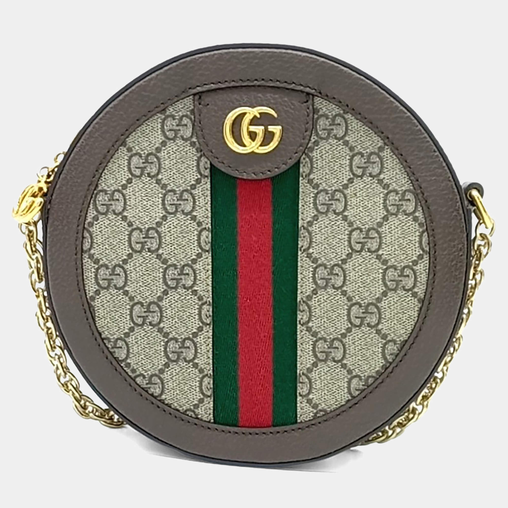 مملوكة مسبقًا Gucci Beige Brown Canvas and Leather Ophidia Mini GG Round Shoulder Bag
