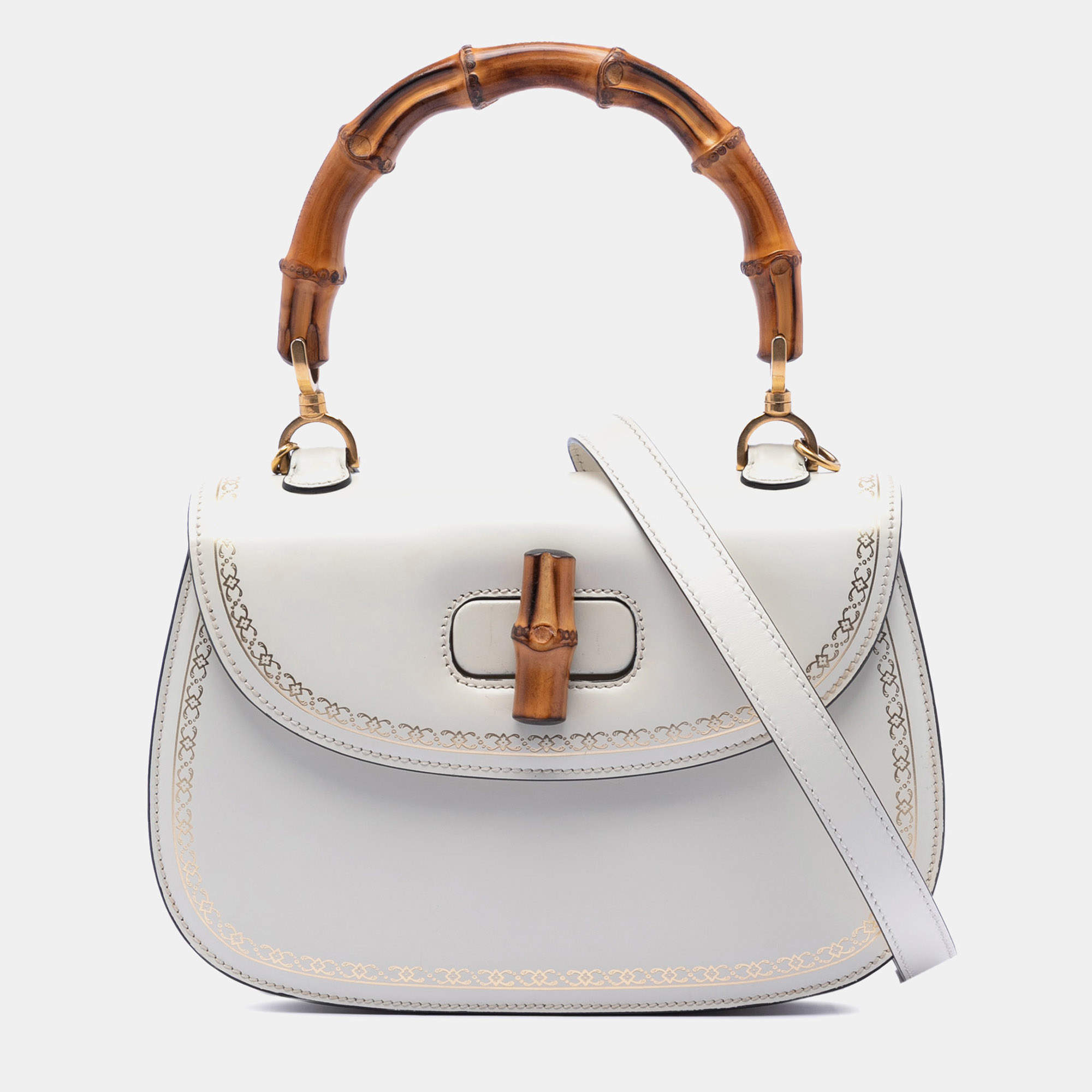 مملوكة مسبقًا Gucci White Calfskin Frame Print Bamboo Top Handle Bag