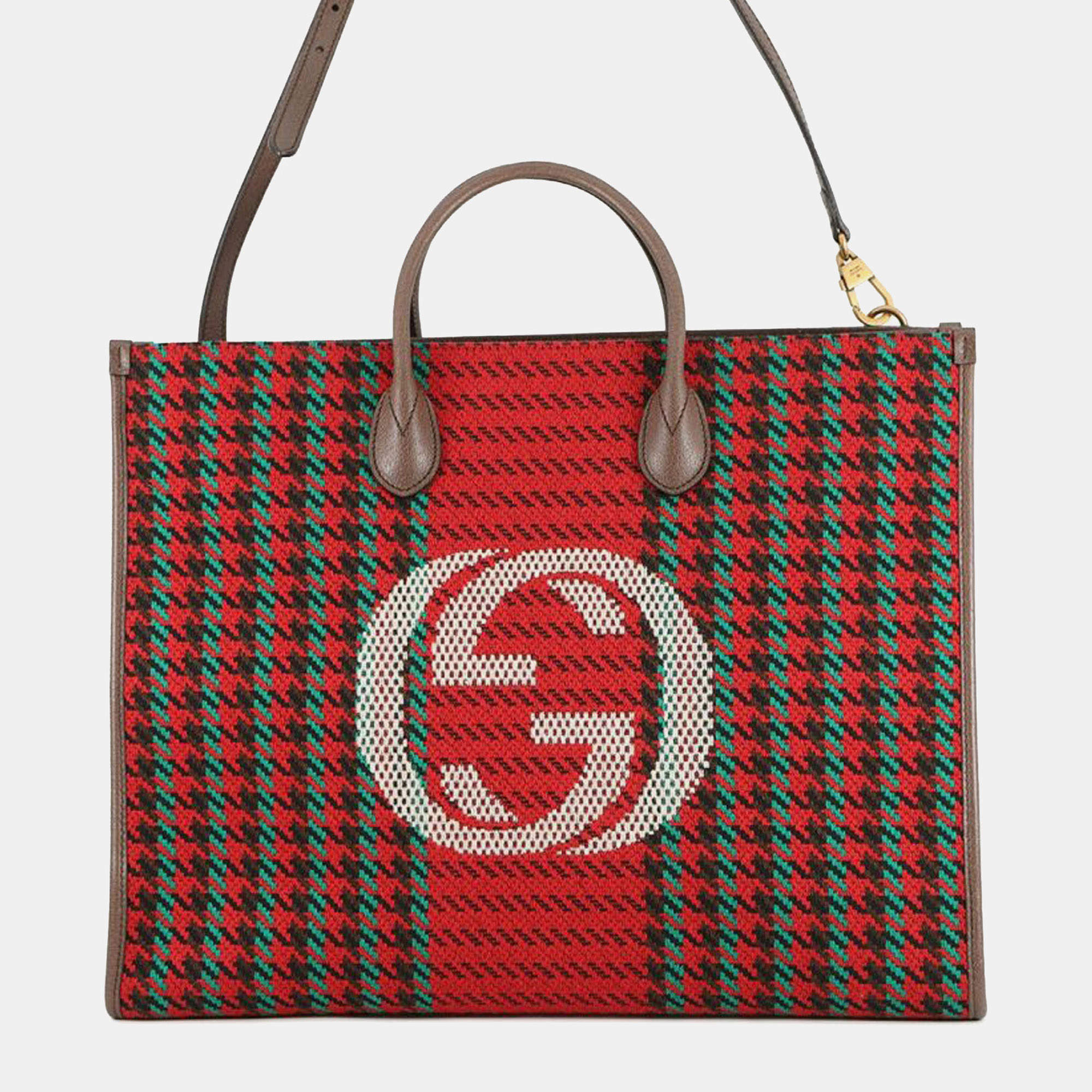 Pre Owned Gucci Red Interlocking G Tweed Houndstooth Stripe Satchel
