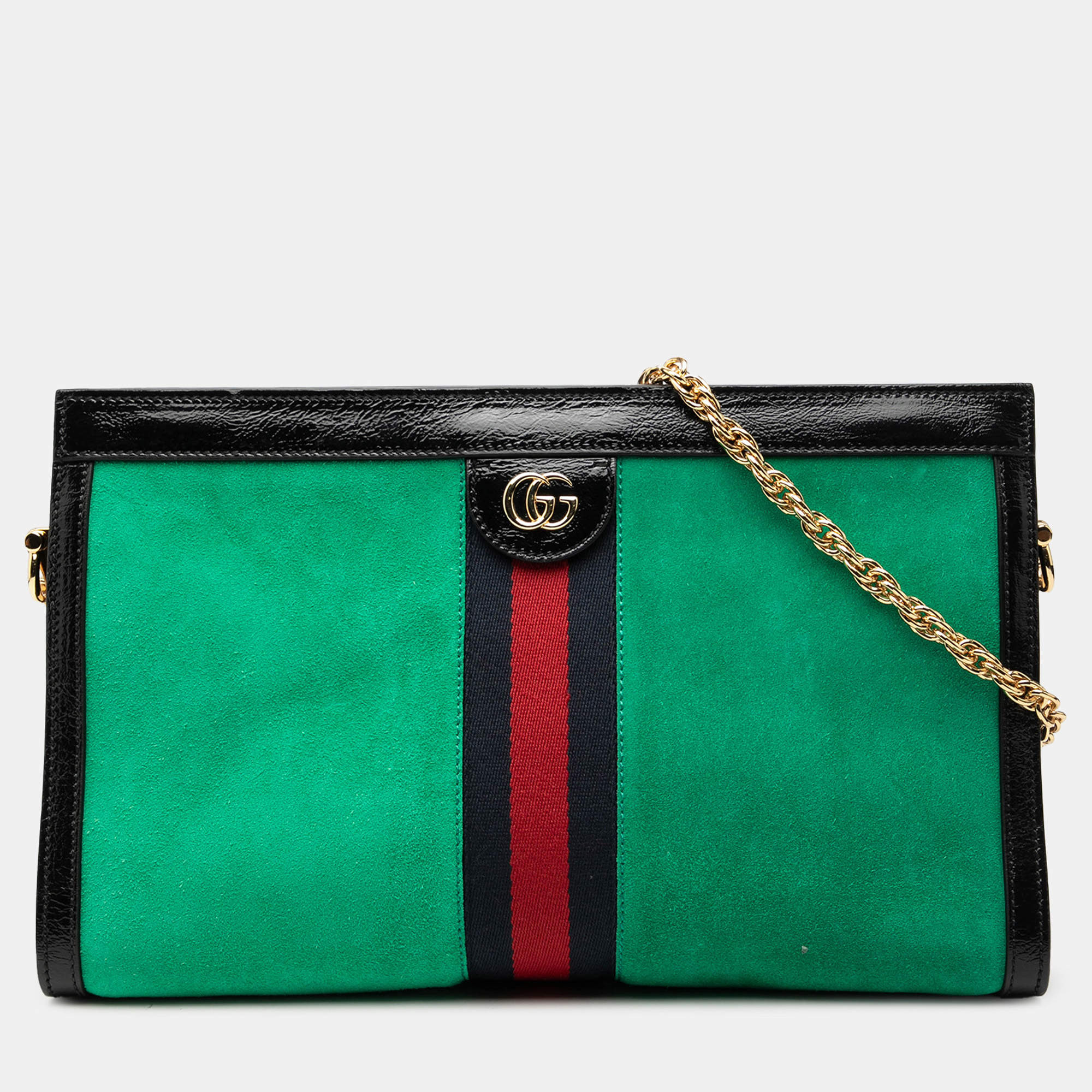 Pre Owned Gucci Green Medium Suede Web Ophidia Chain Shoulder Bag