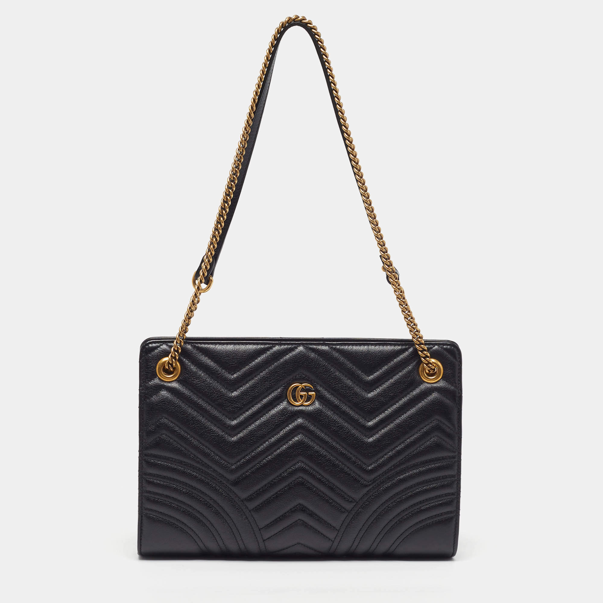 Pre Owned Gucci GG Marmont Small Matelassé Black Leather Tote