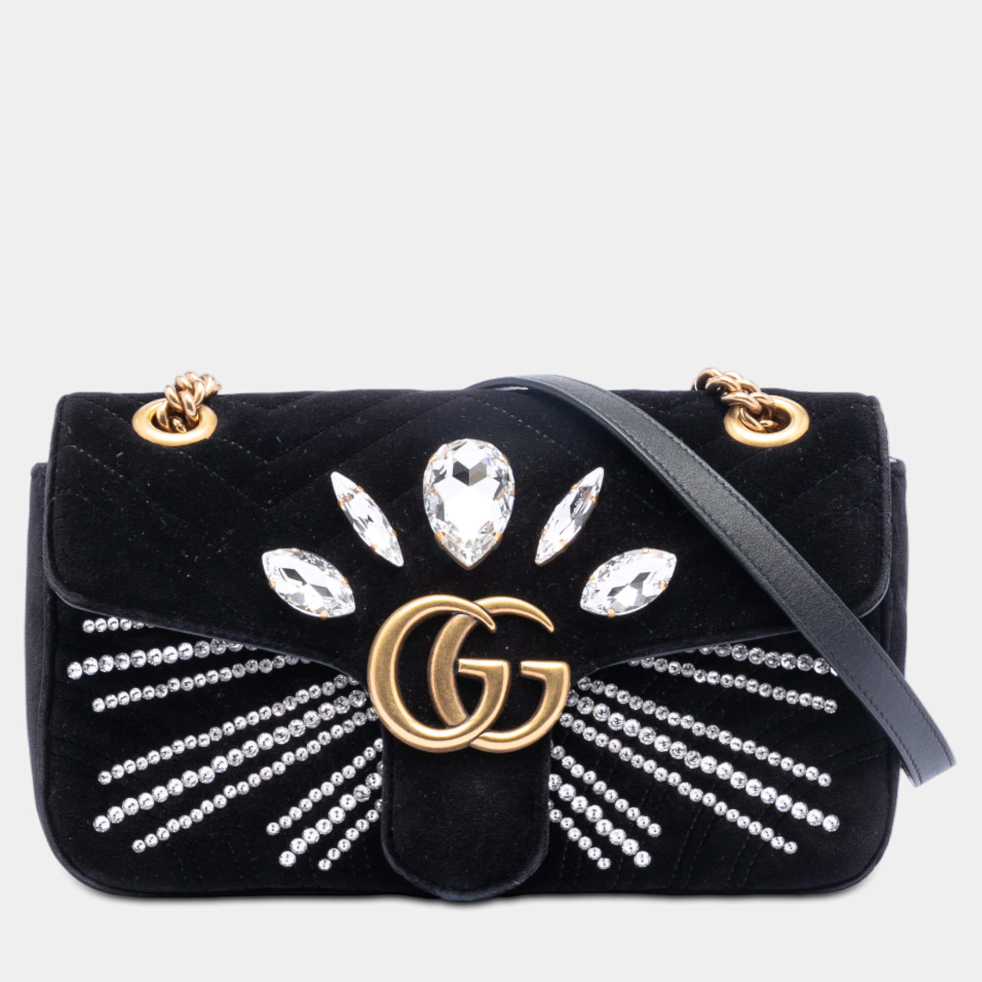Pre Owned Gucci Black Medium GG Marmont Matelasse Velvet Crystal Embellished Shoulder Bag