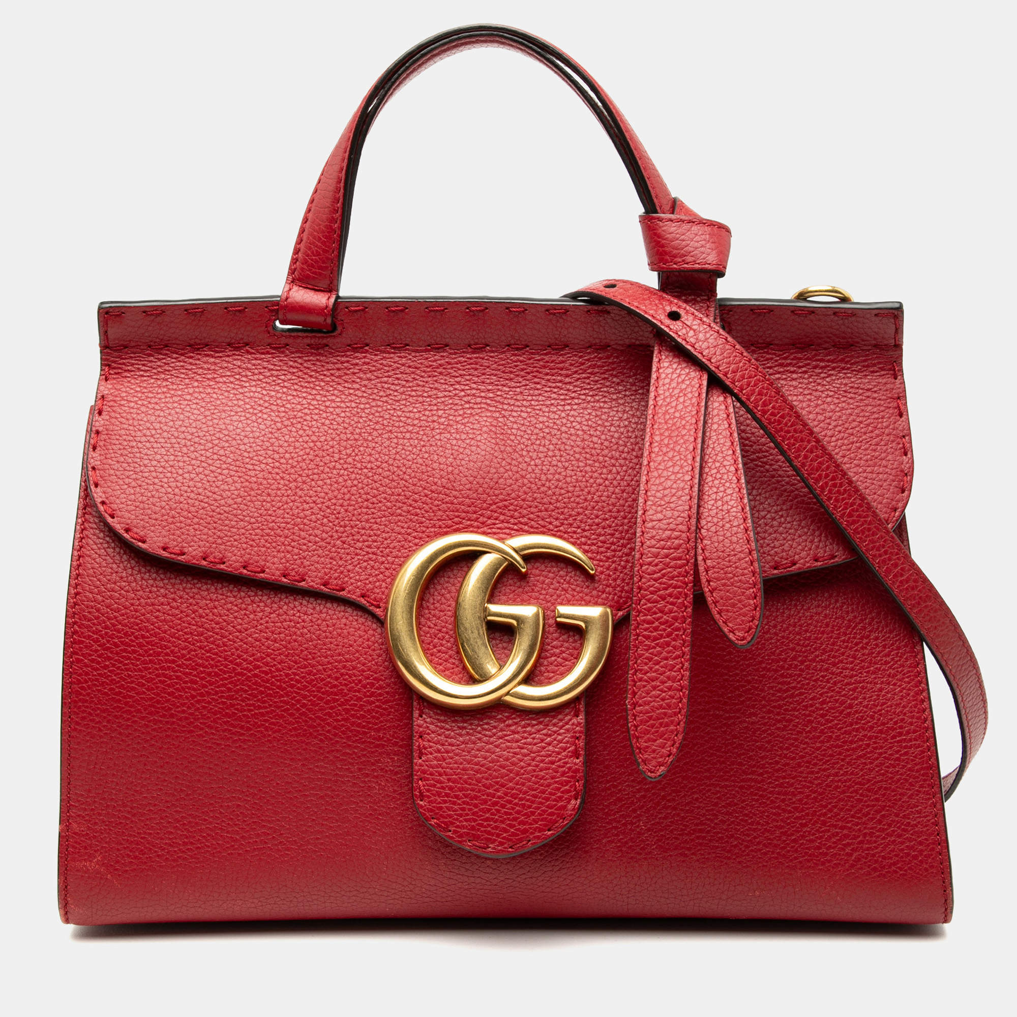 Pre Owned Gucci Red Medium GG Marmont Grained Leather Top Handle Satchel