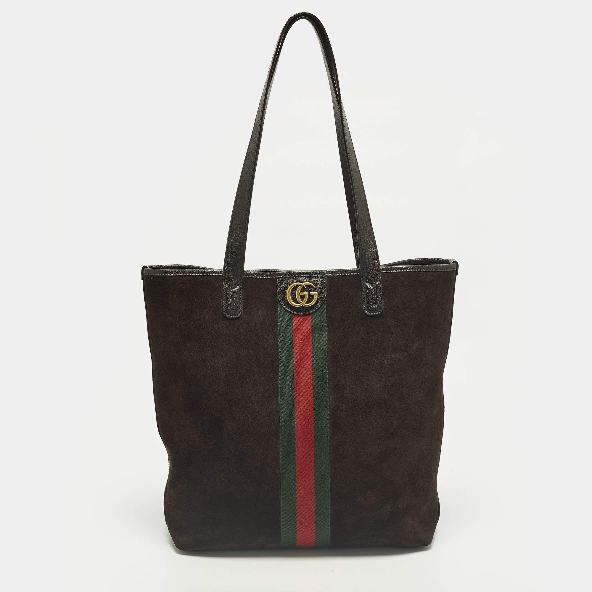 Pre Owned Gucci Ophidia Dark Brown Leather and Suede Open Tote