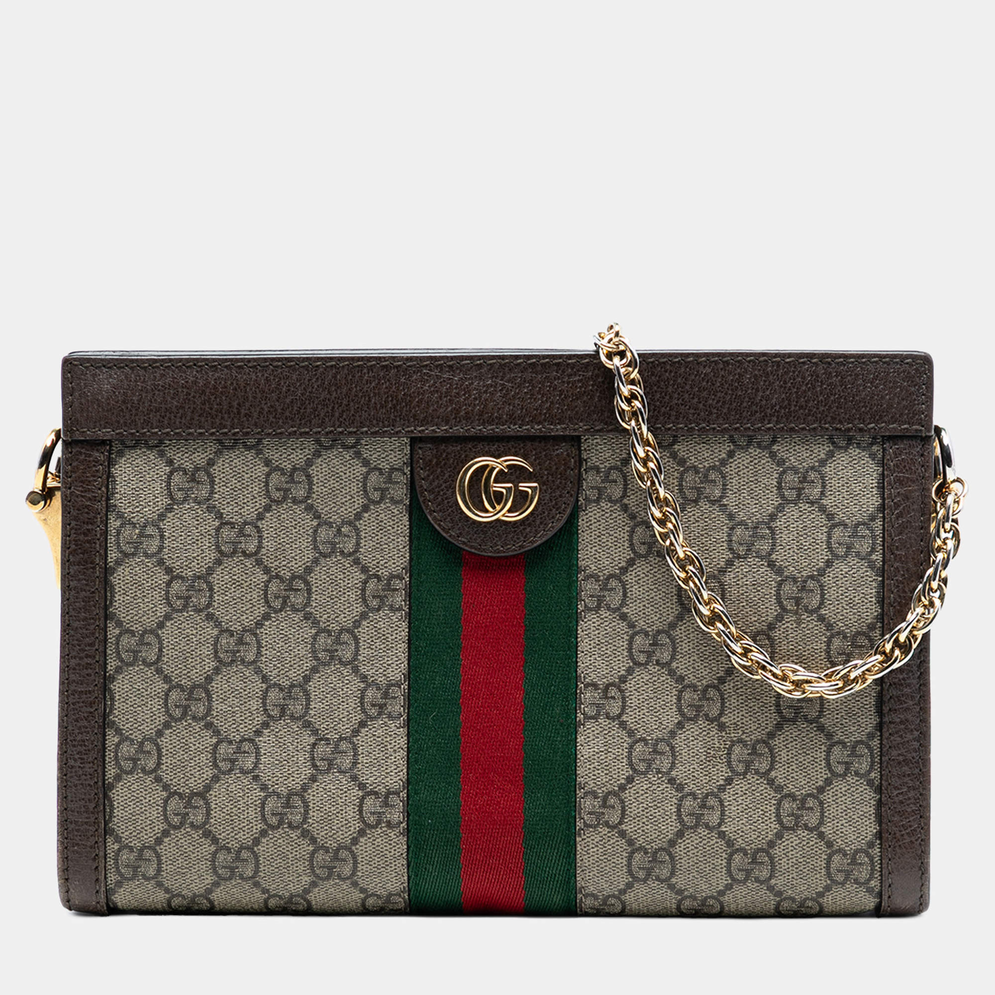 Pre Owned Gucci Brown Small GG Supreme Web Ophidia Chain Crossbody