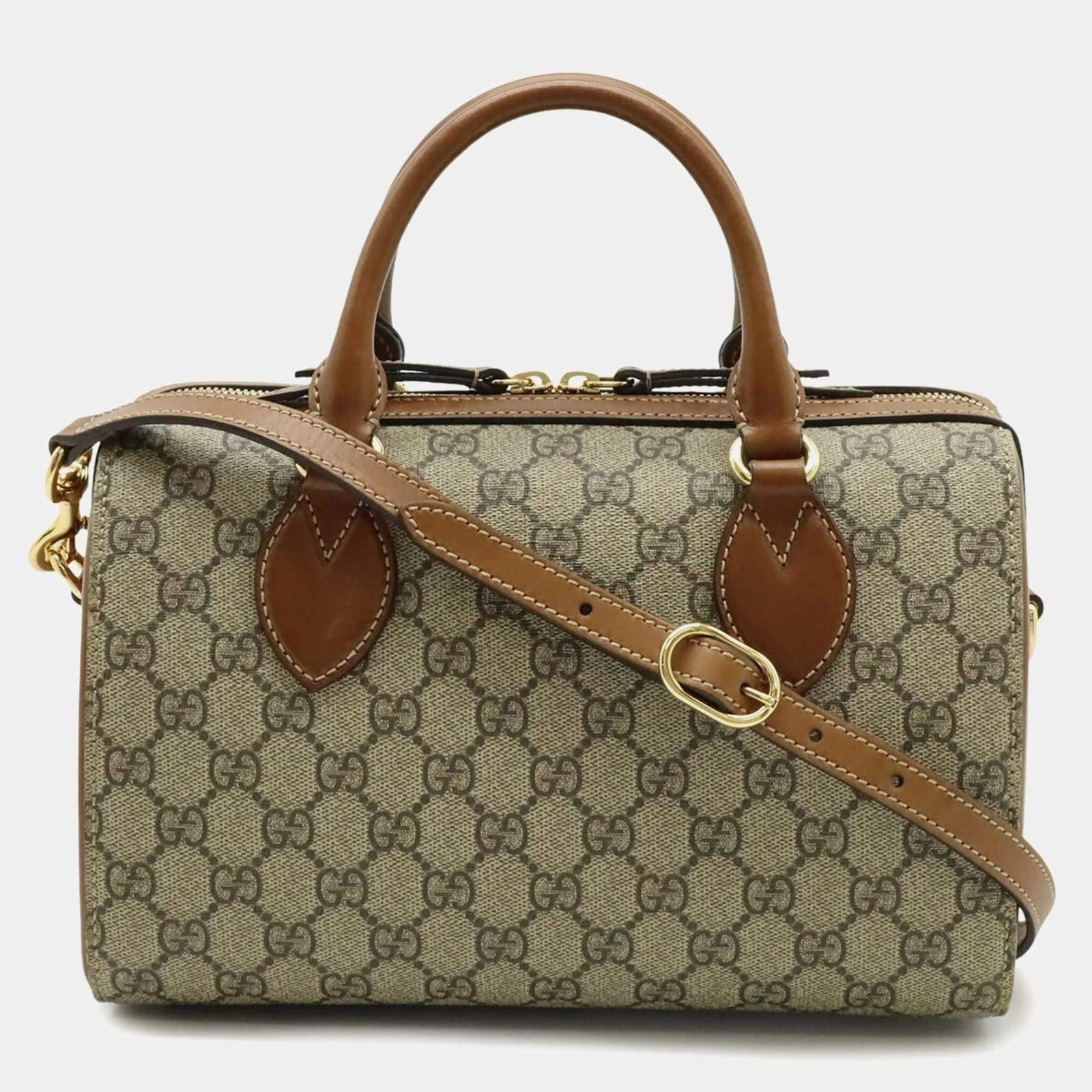 Pre Owned Gucci Gg Supreme Handbag/Shoulder Bag In Pvc And Leather Beige Brown