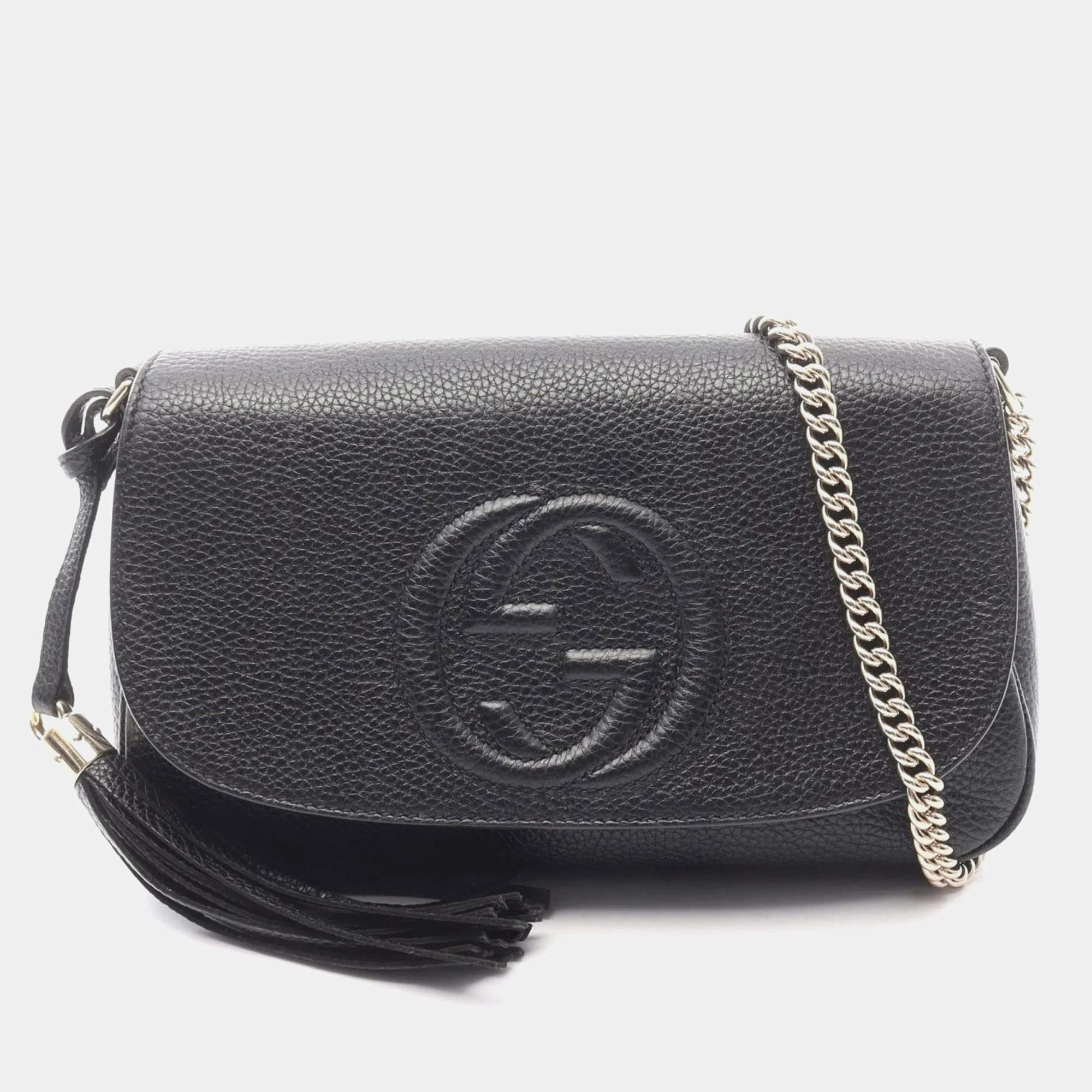 Pre Owned Gucci Soho Interlocking G Shoulder Bag Leather Black