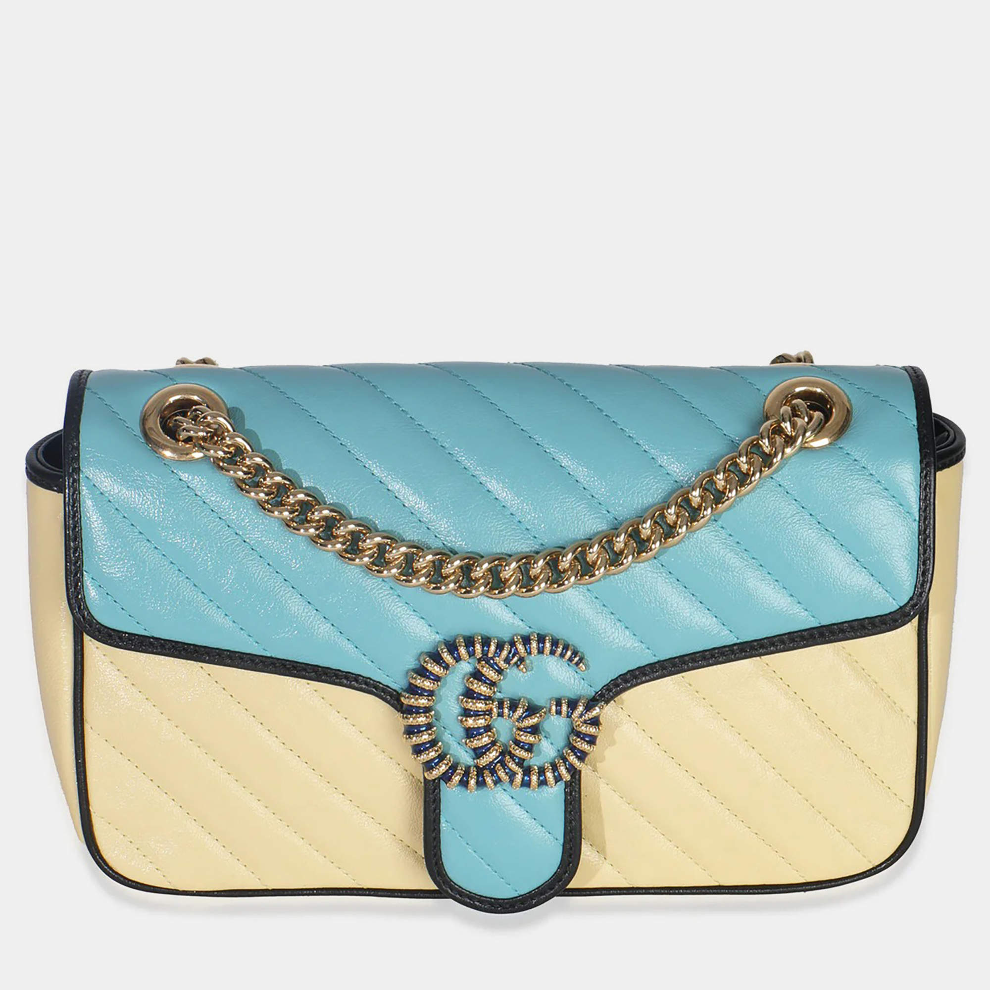 Pre Owned Gucci Blue Yellow Calfskin Matelasse Diagonal Torchon Small GG Marmont Bag