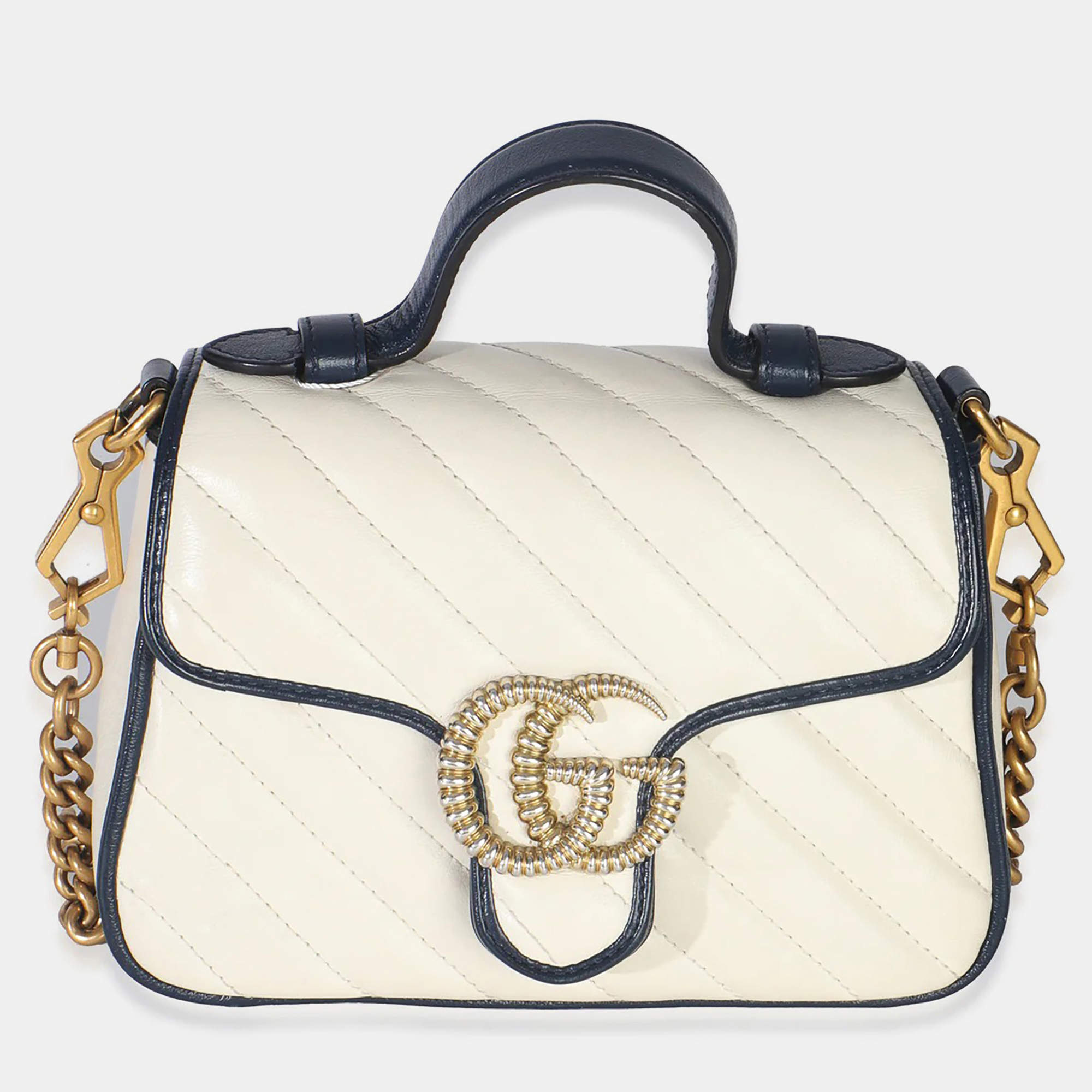 Pre Owned Gucci Navy White Calfskin Matelasse Diagonal Torchon Mini GG Marmont Top Handle